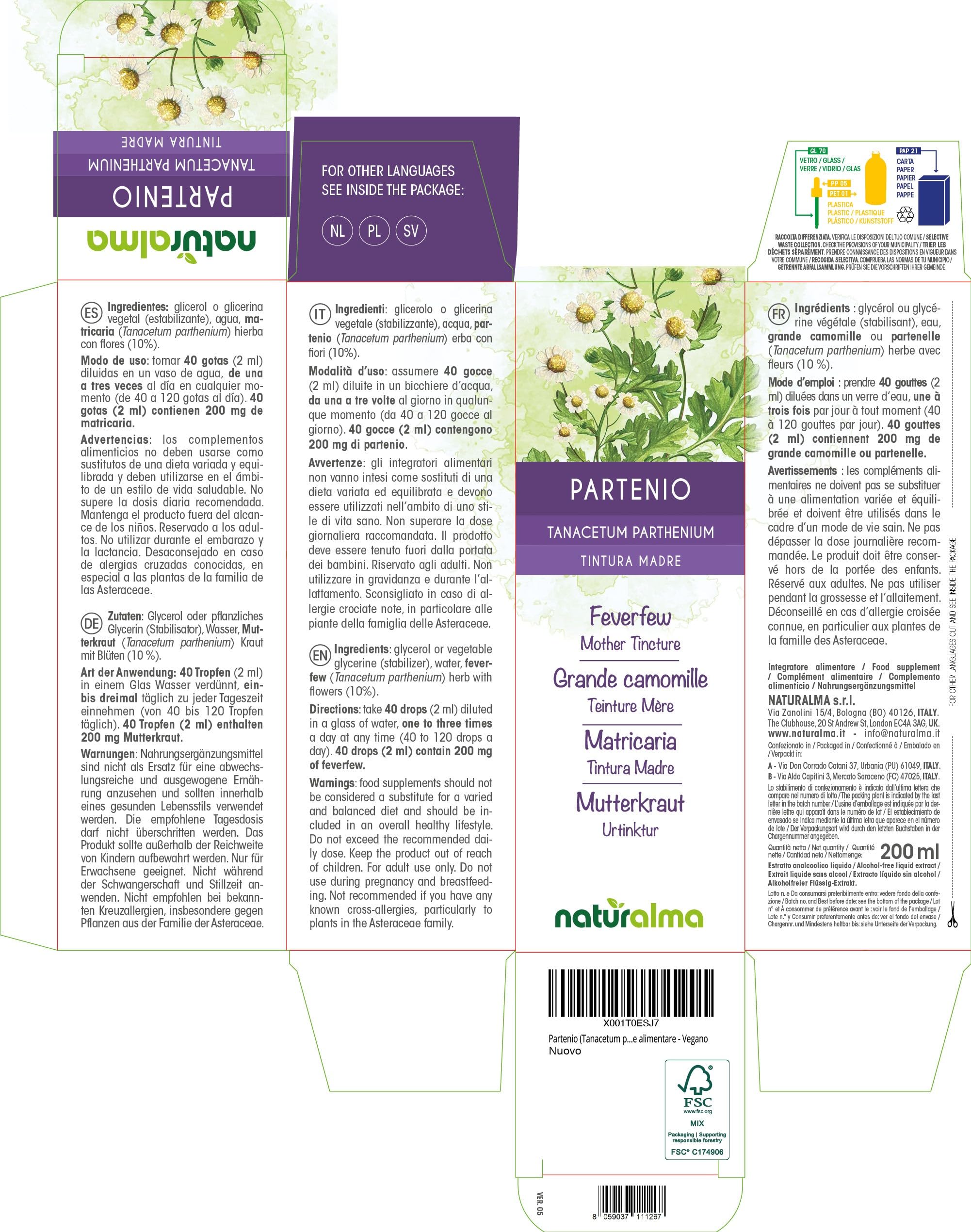 Grande camomille ou Partenelle (Tanacetum parthenium) herbe avec fleurs Teinture Mère sans alcool Naturalma - Extrait liquide gouttes 200 ml - Complément alimentaire - Végétalien ou végan