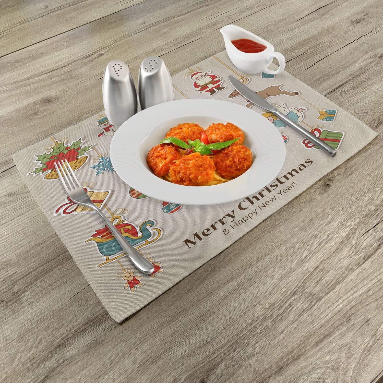 Ambesonne Christmas Place Mats Set of 4, Noel Xmas Winter Holiday Themed Celebratory Objects Retro Graphic Style, Washable Fabric Placemats for Dining Table, Standard Size, Pale Sepia