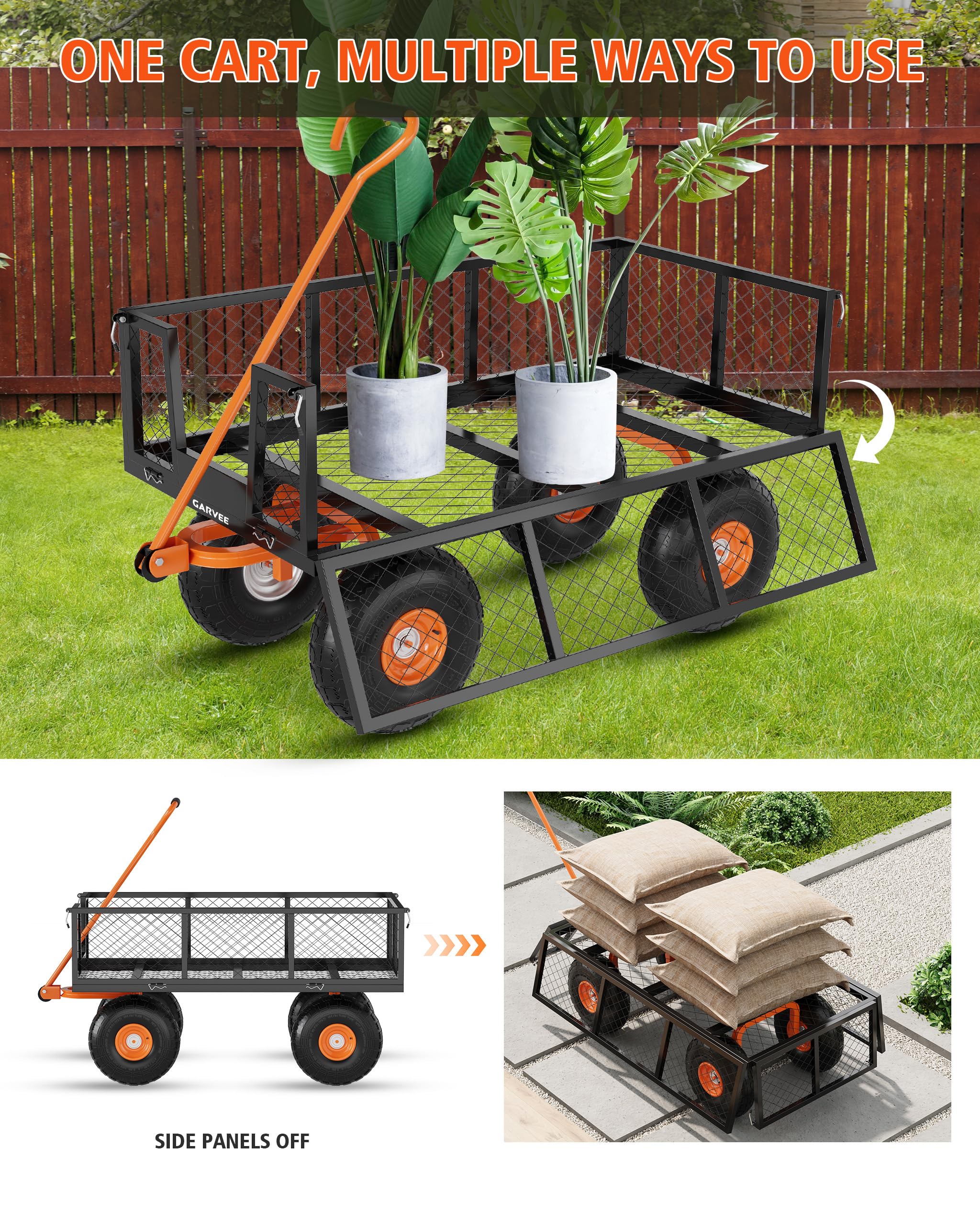 Brouette de jardin avec cadre en maille métallique, chariot de transport avec 4 grandes roues et guidon réglable, grande capacité de charge pour jardin, chantier et extérieur, noir