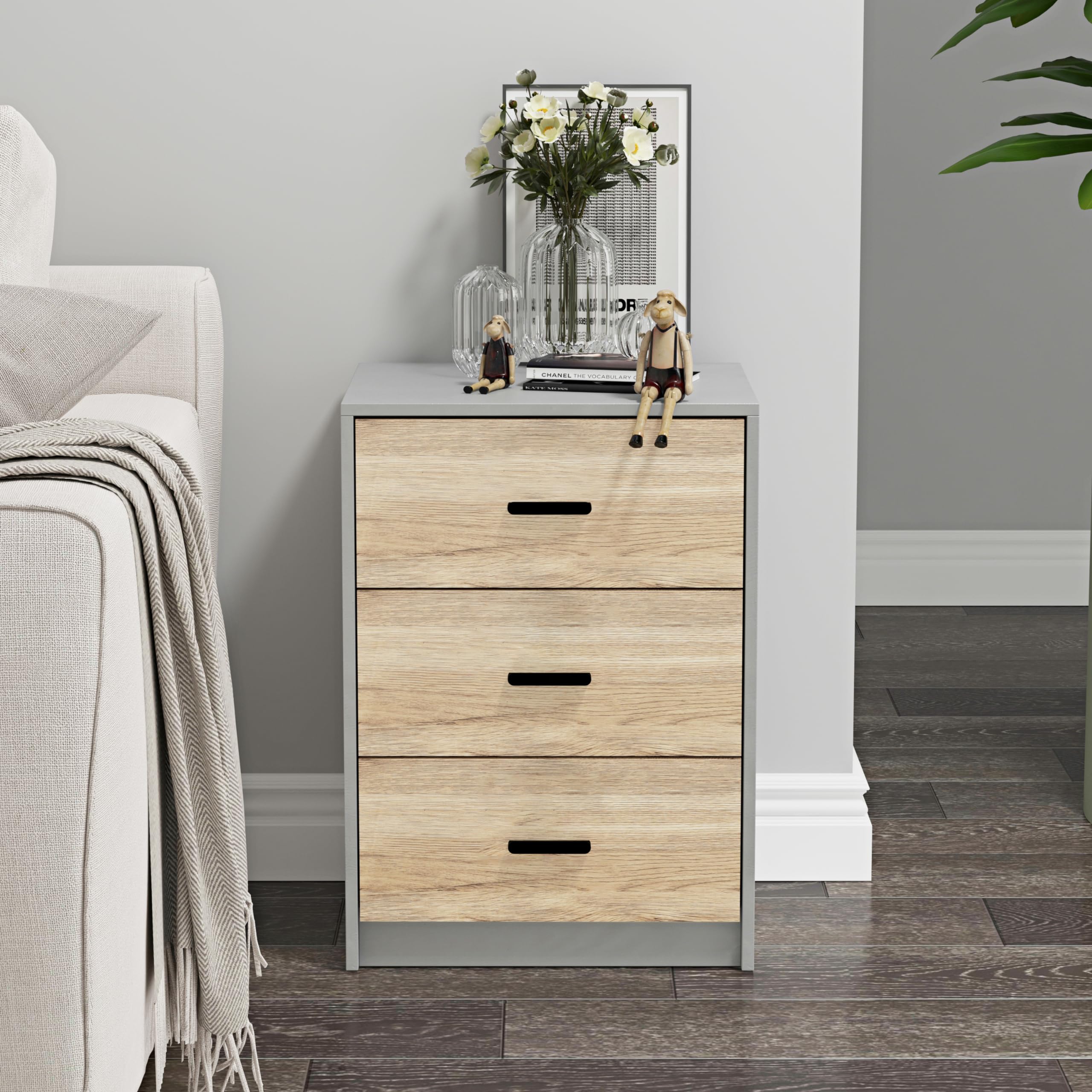 URBNLIVING 3 Drawer Wooden Bedroom Bedside Cabinet (Grey Carcass + Oak Drawers)