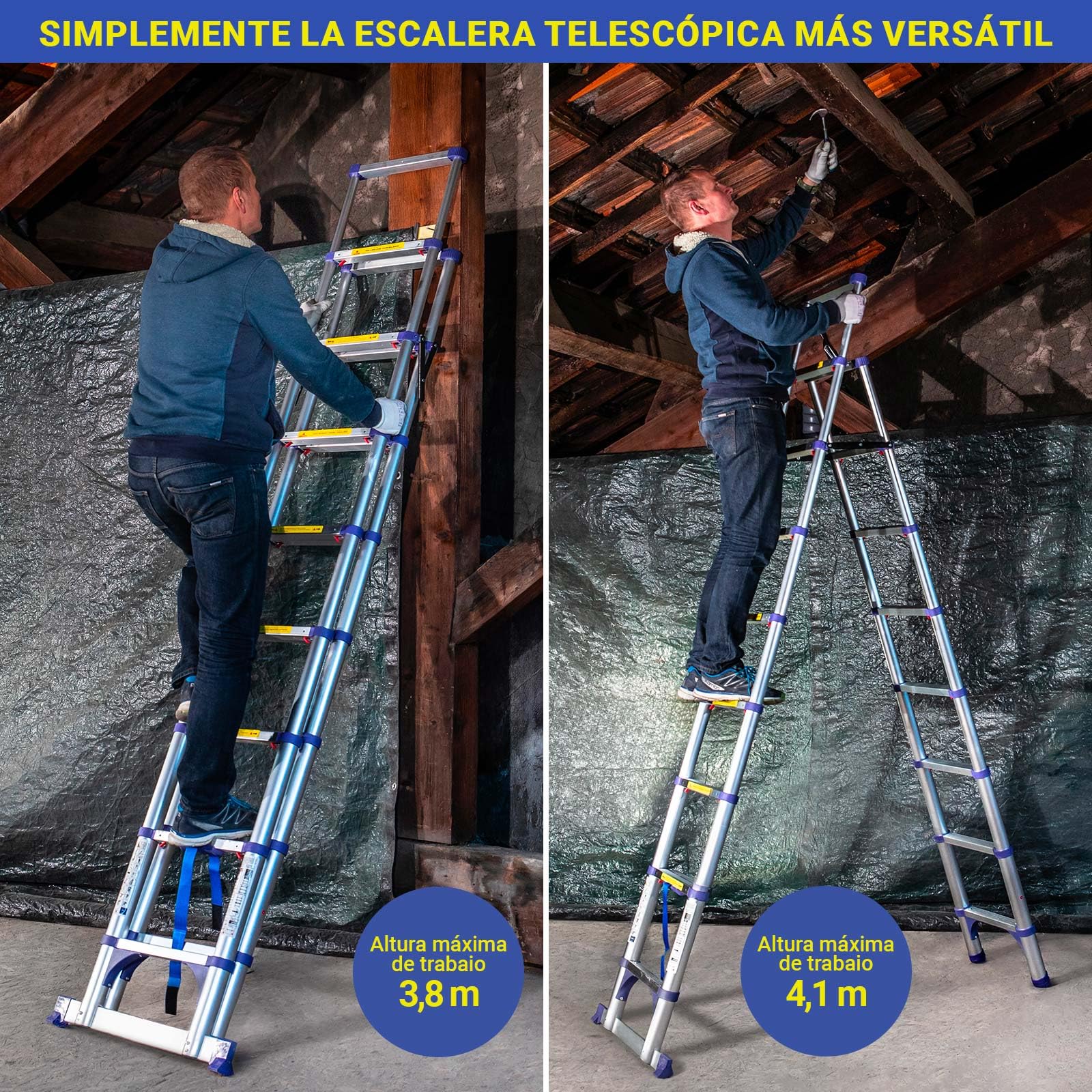 Escalera telescópica de 9 escalones EXTENDACT9, Escalera telescópica 2,6m+2,3 m, Escalera Plegable telescópica, Altura máxima de Trabajo 4,1m, Garantía de 5 años, Hostrom