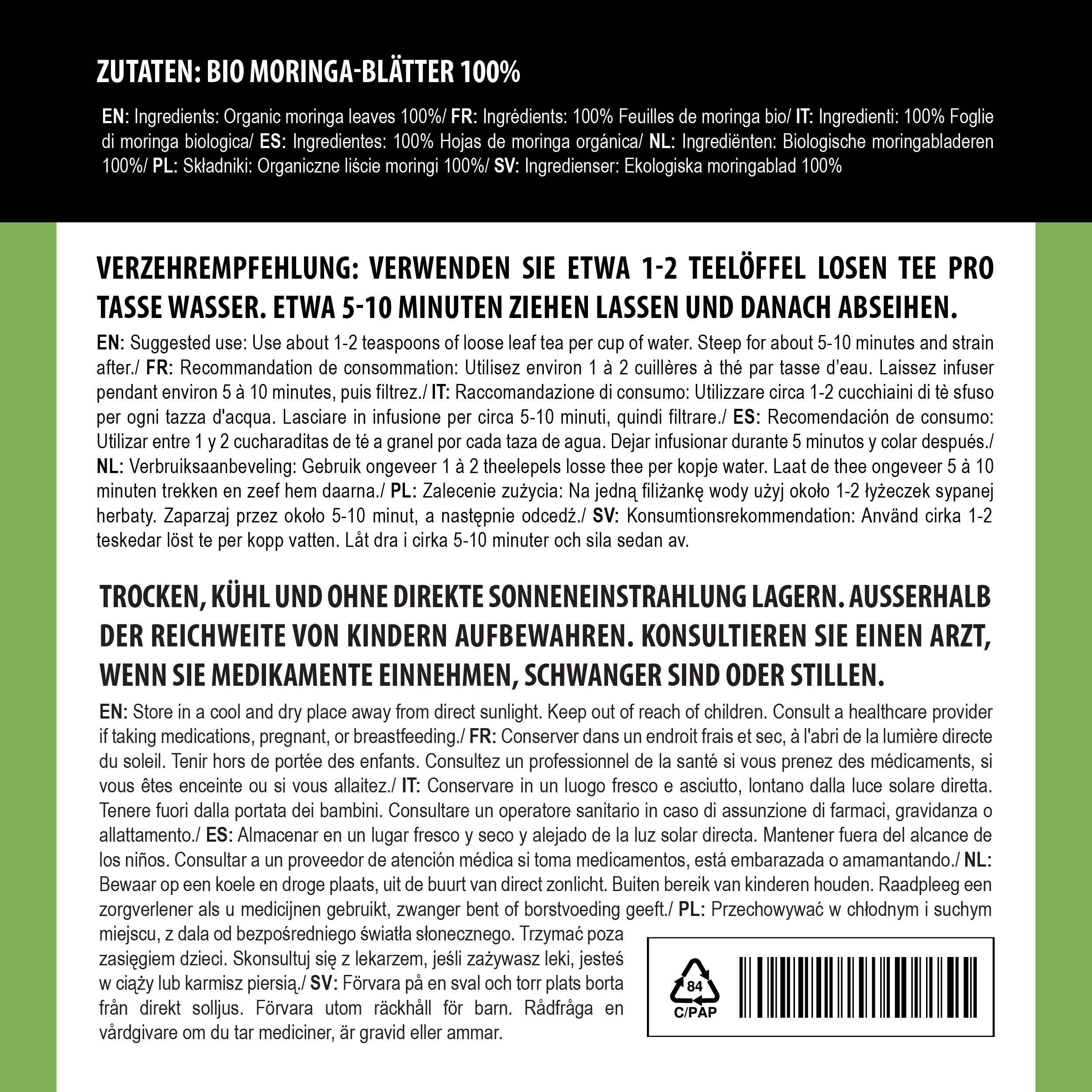 Alpi Nature Ekologiczna Moringa 100g, Suszone i Cięte Liście Moringi, Ziołowa Herbata Liściasta