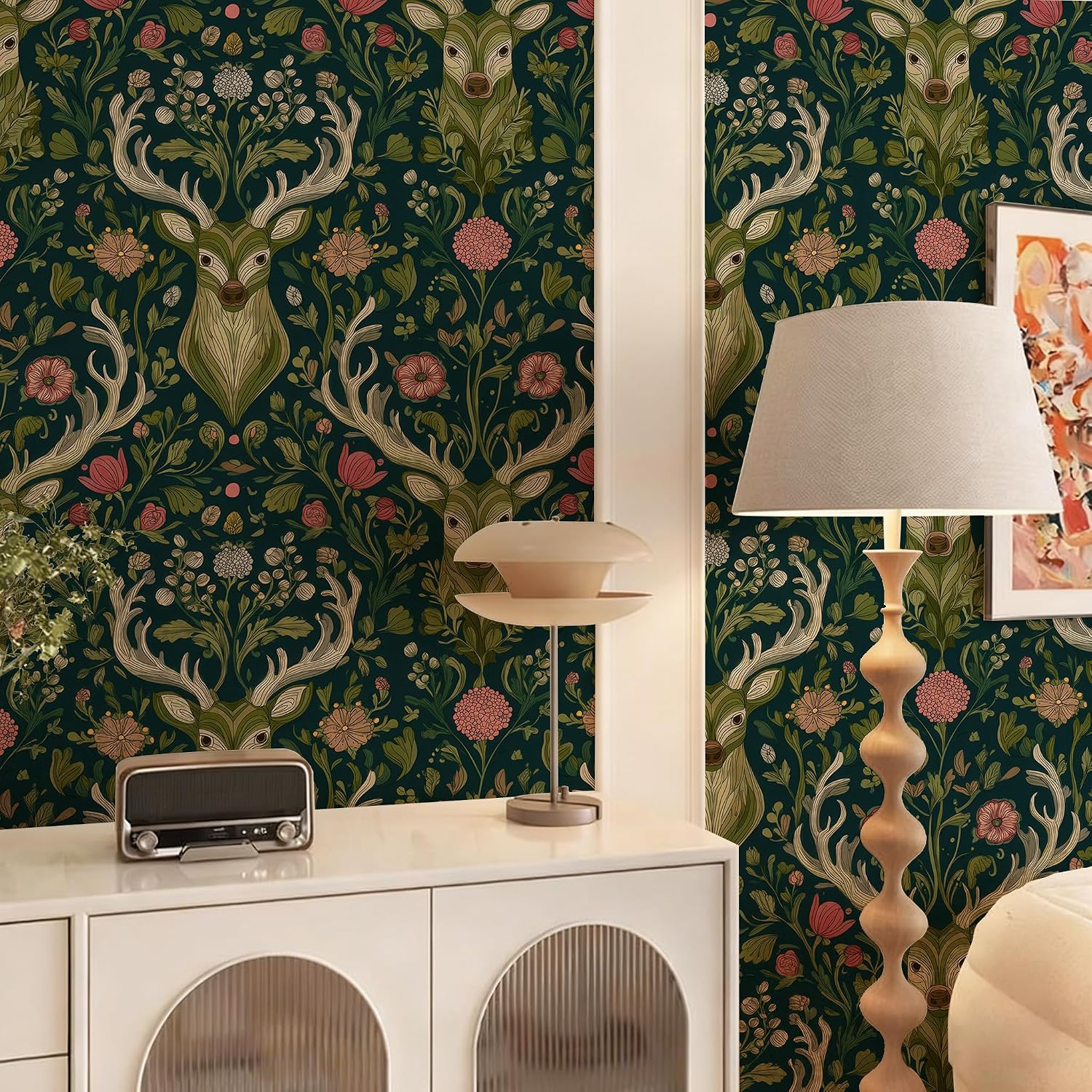Peel and Stick Wallpaper - Folk Art Deer & Floral Forest, Removable Rustic Whimsical Mural for Bedroom & Living Room, 17.7x118 Inch