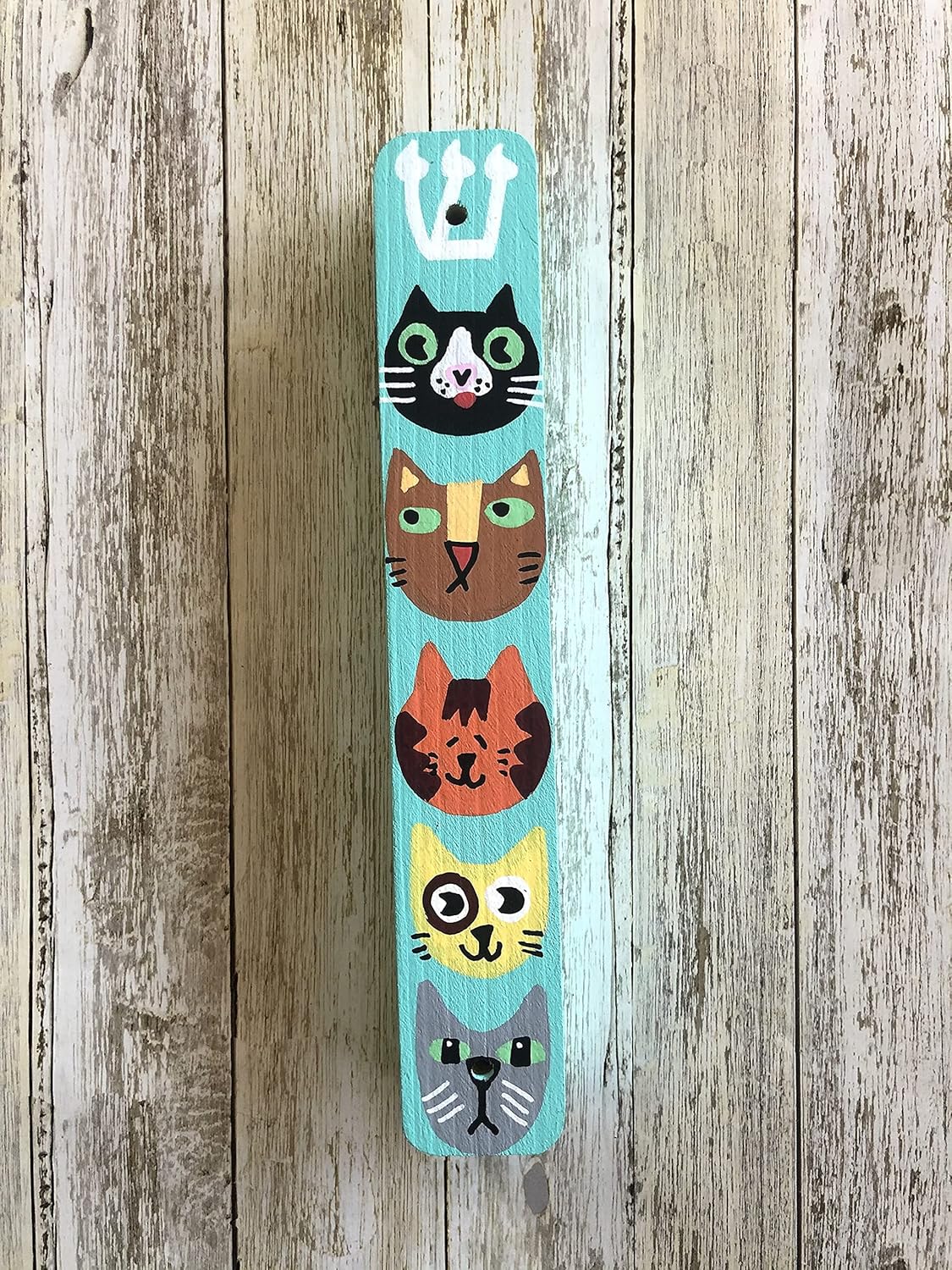 Cat Mezuzah, Children's Scroll Case, Hand Painted Wood, Door Blessing (Teal, No Scroll)