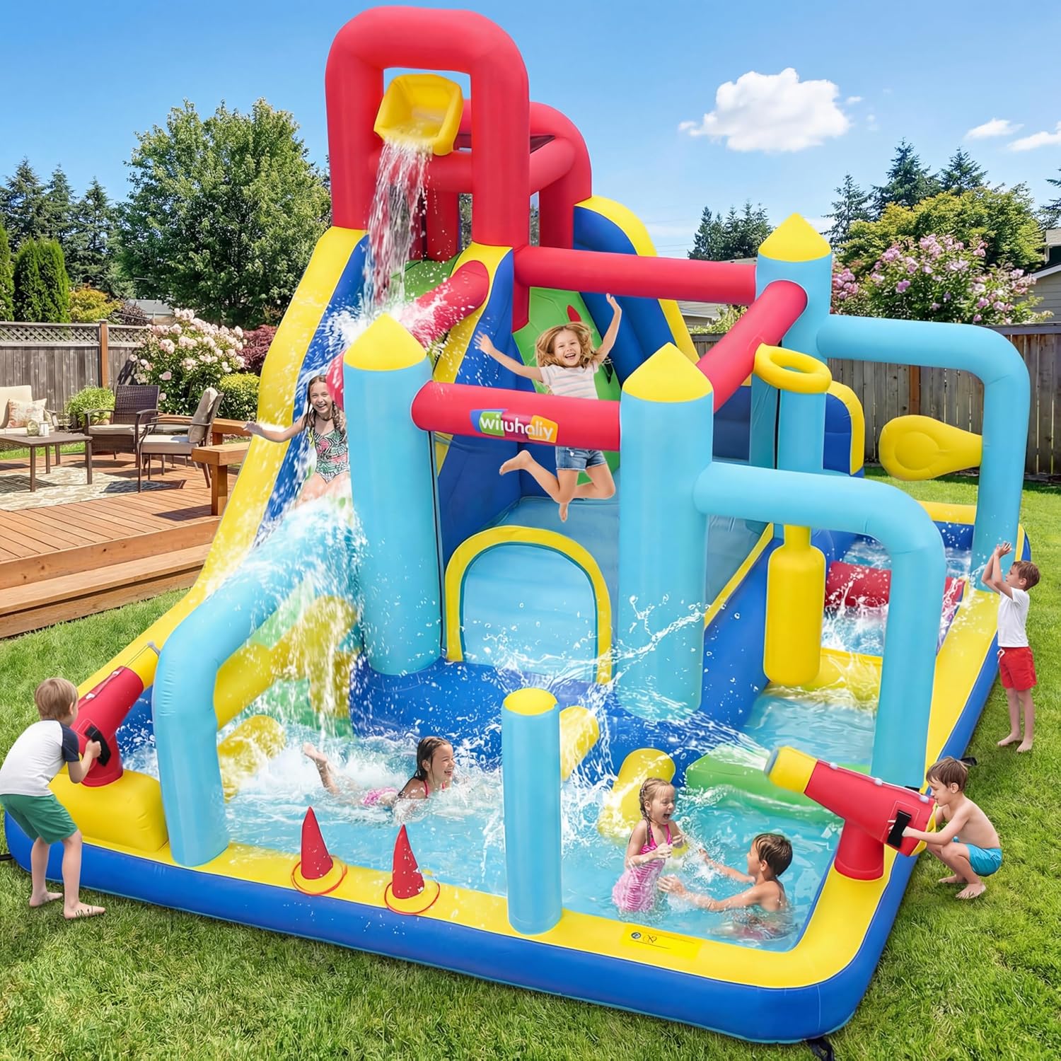 Whubefy 13-in-1 Inflatable Water Slide Latest Model Water Park, 13.3 × 11 ft Blow Up Water Slide with Obstacle Course/Long Slide/Cannon/Jump Area / 550W Blower,Water Slide for Backyard Summer Fun