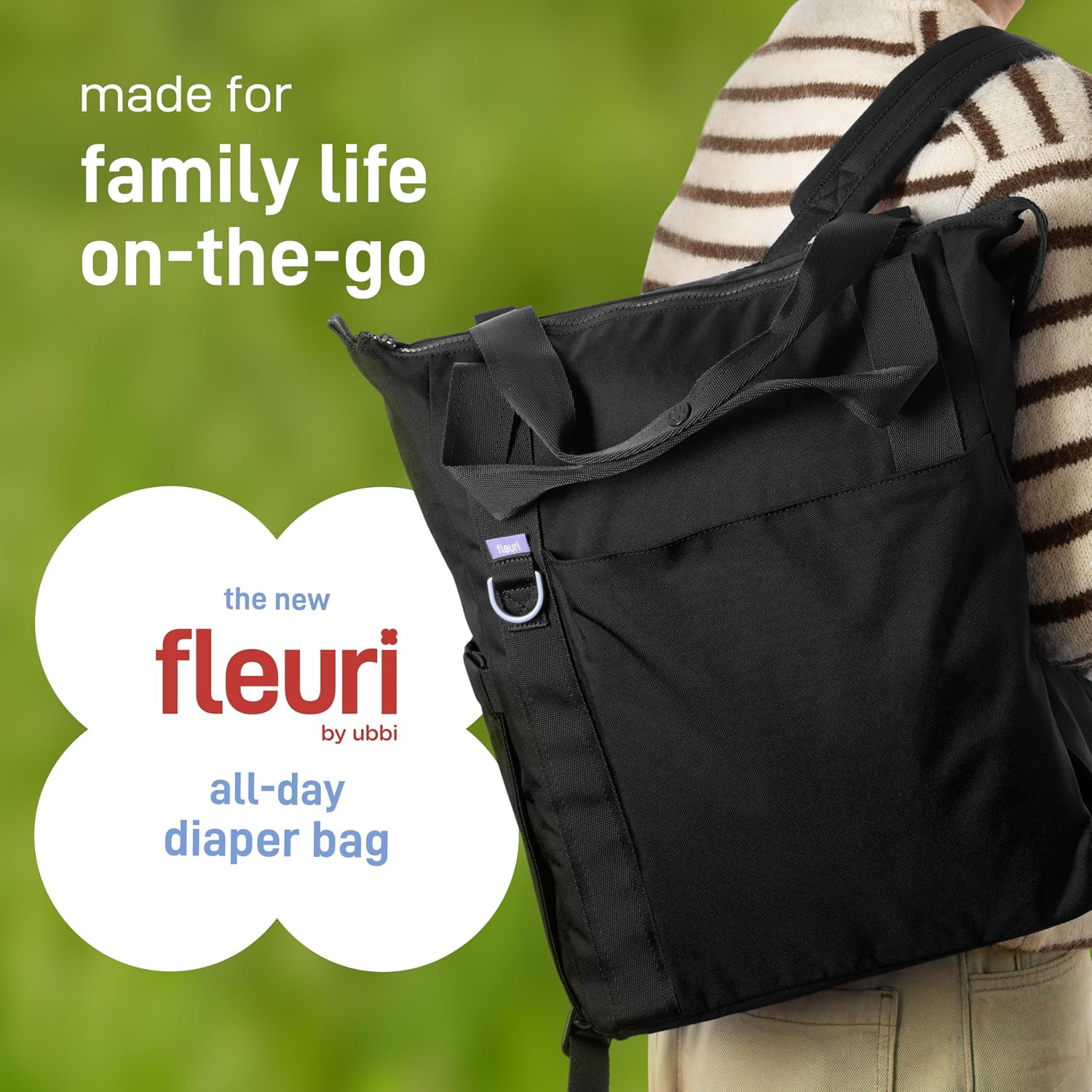 Ubbi Fleuri All-Day Diaper Bag Backpack, Features 12 Pockets, Insulated Bottle Pocket, Wet Bag, Changing Mat, Stroller Straps and Dust Pouch, Lightweight, Easy-Clean & Travel Ready, Licorice
