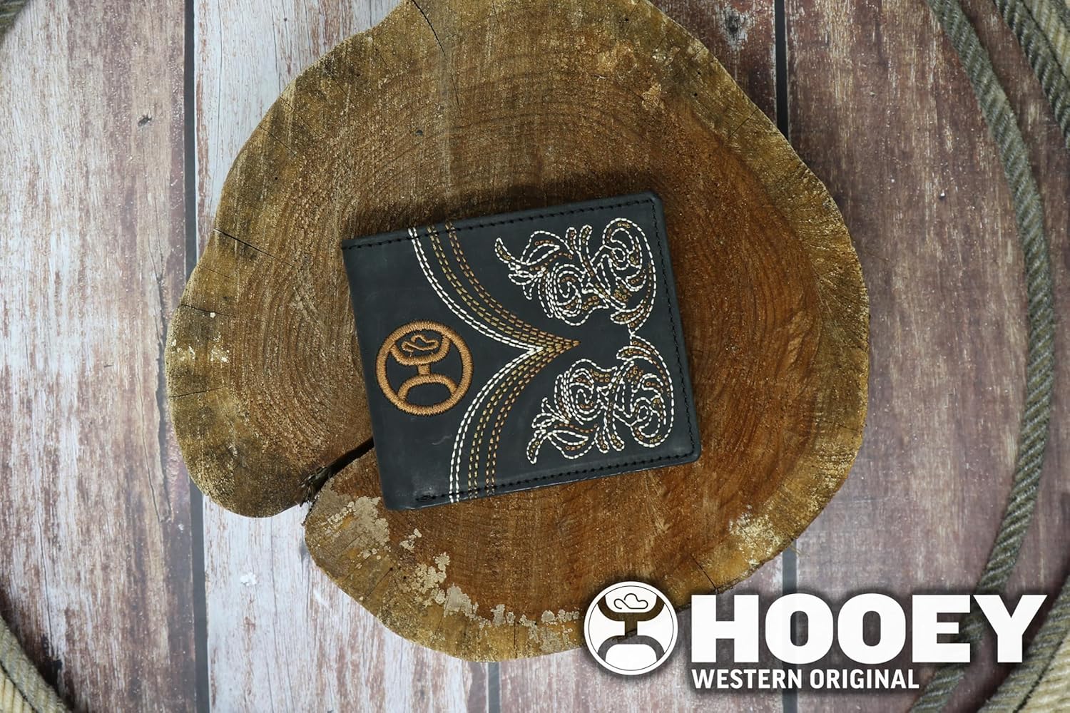 HOOEY Ranger Men's Leather Bifold Wallet - Black Genuine Leather, Embroidered Western Design, 6 Card Slots & Large Cash Pocket - Durable Everyday Wallet for Men