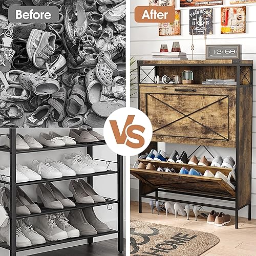Miniatura 6 de Maupvit Armario de almacenamiento de zapatos con 2 cajones abatibles con patas de metal, estantes ajustables, almacenamiento oculto de zapatos para