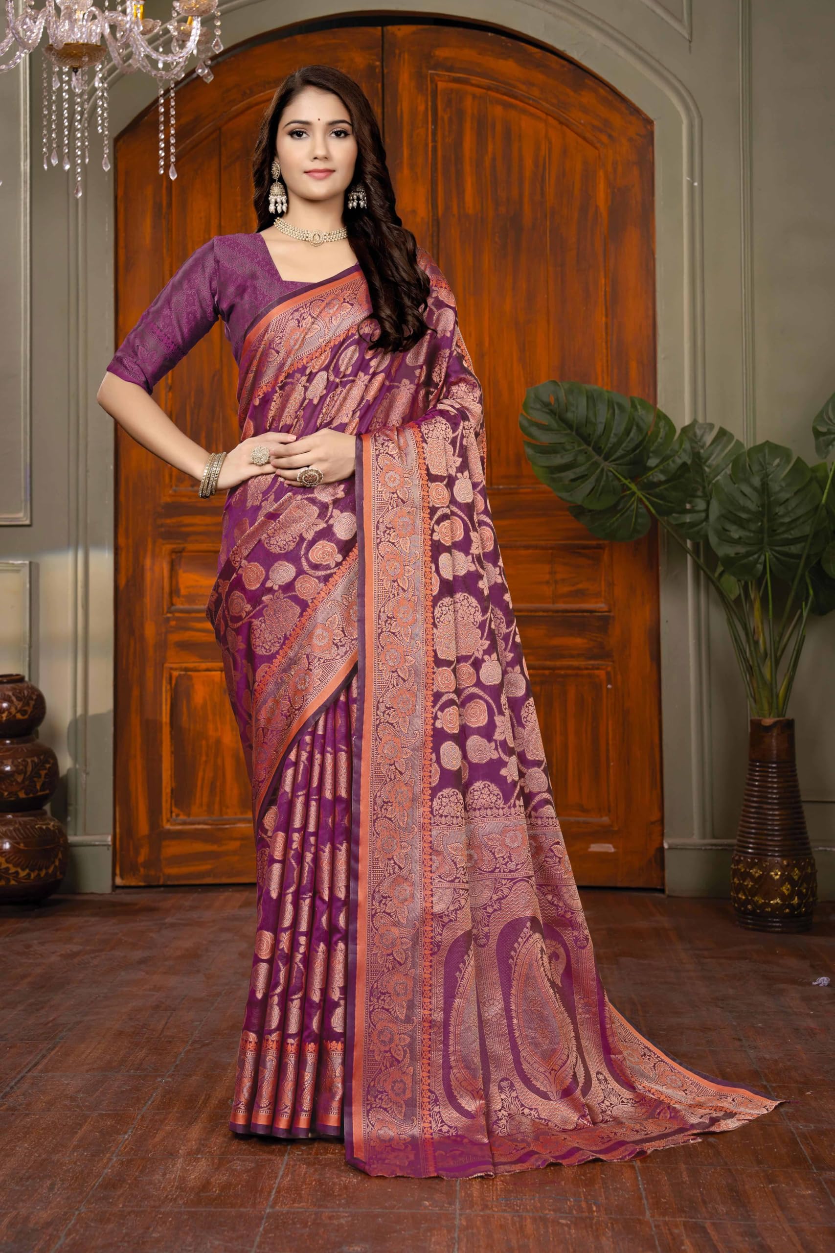 Sugathari Women's Wine Kanjivaram Banarasi Silk Saree For Patola Festival Wedding Silk With Rich Pallu Design Sarees For Women With Blouse Piece (Rajana Wine)