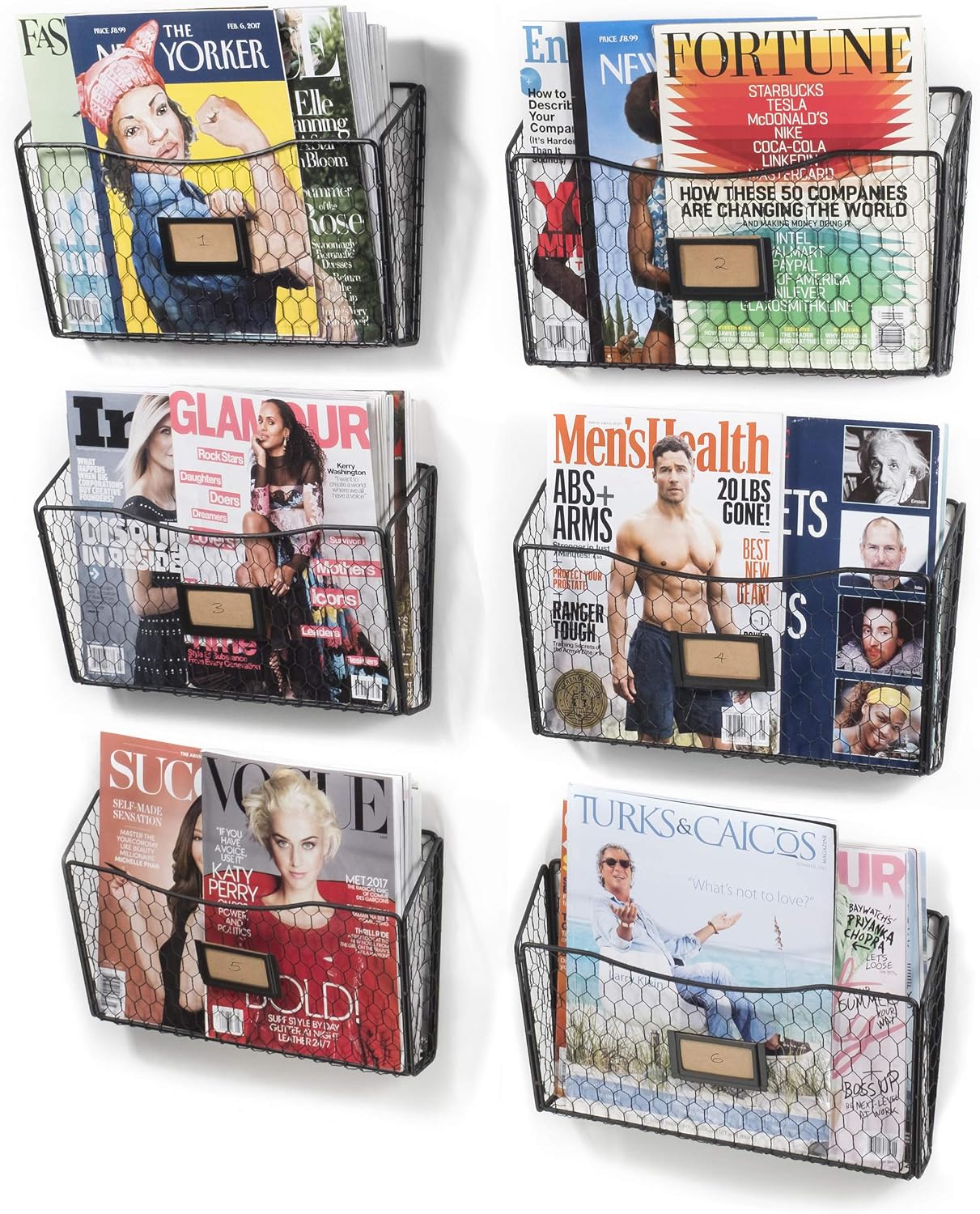 Wall35 Felic Hanging File Organizer, Folder and Mail Holder for Wall, Metal Chicken Wire Baskets with Tag Slot, Black Set of 6