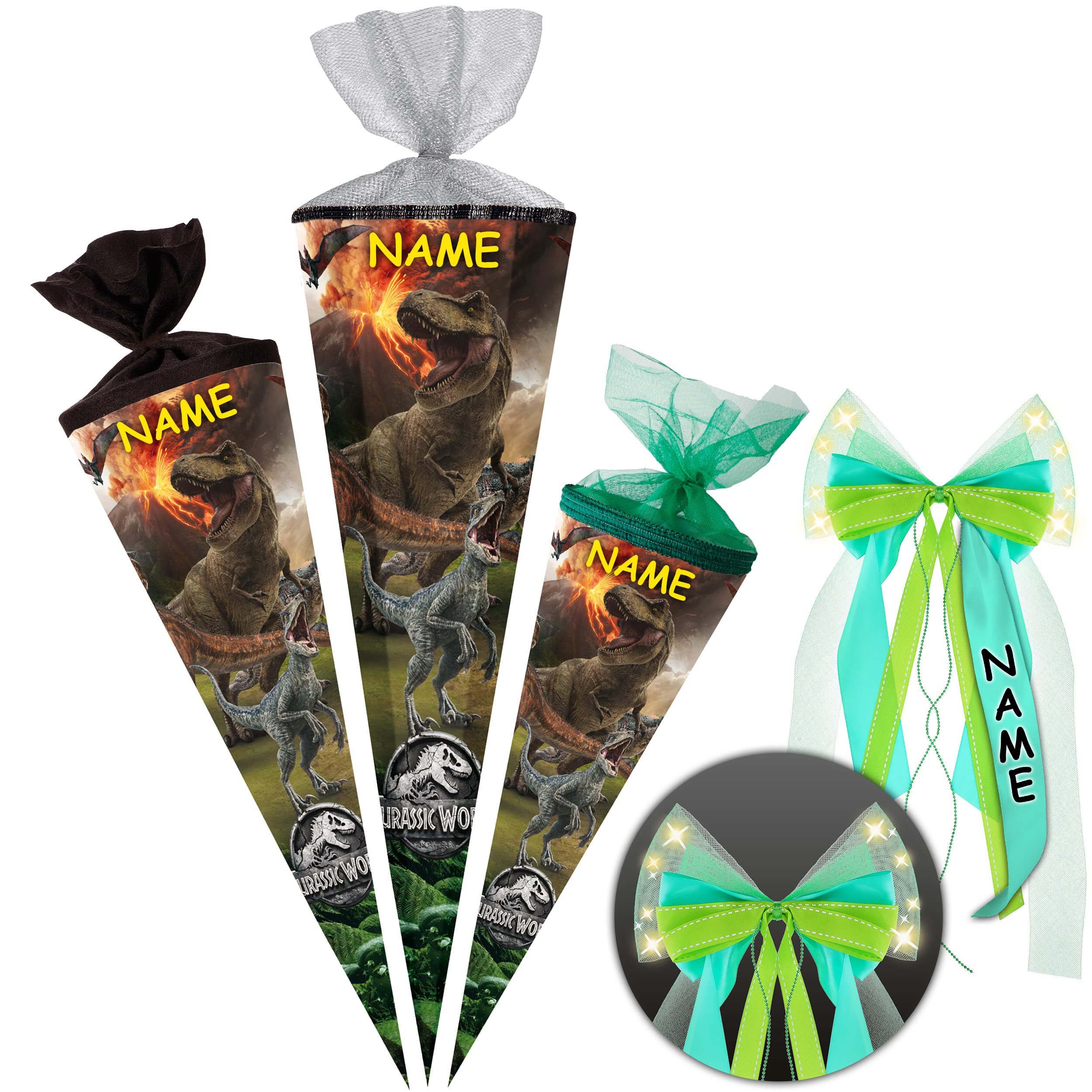 alles-meine.de GmbH Schultüte - Dinosaurier - kompatibel mit Jurassic World 35-100 cm Größe wählbar inkl. Name + Verschluß-Schleife - Zuckertüte - Tüllabschluß/Filzabsc..