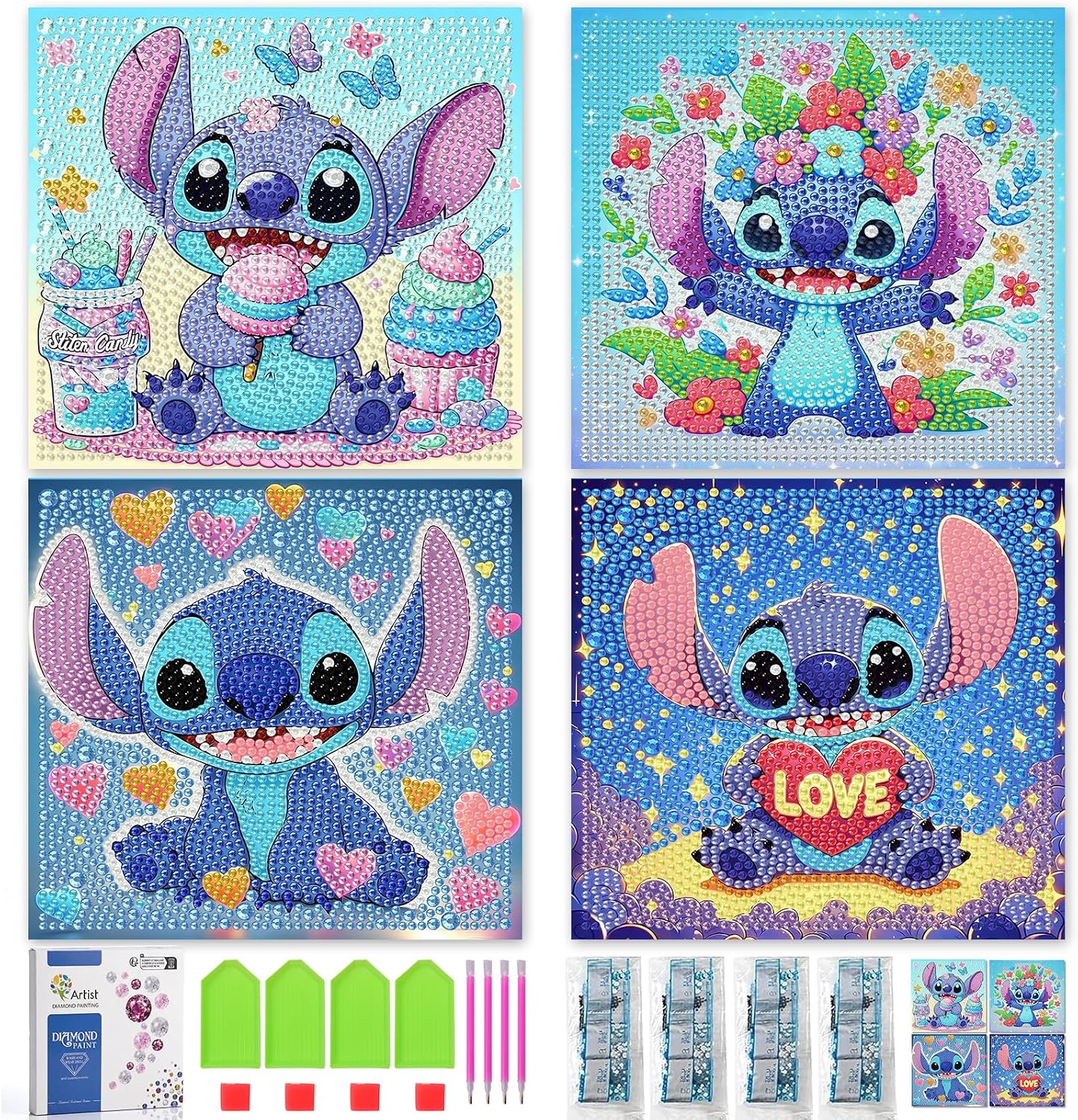 LWZAYS 4 Pack 5D Cartoon Diamond Painting Kits for Kids Beginners, Diamond Art Kit for Kids Ages 8-12, Mosaic DIY Full Round Drill Big Gem Art for Kid, Home Wall Decoration 6X6 inch (with Gift Box)