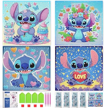 LWZAYS 4 Pack 5D Cartoon Diamond Painting Kits for Kids Beginners, Diamond Art Kit for Kids Ages 8-12, Mosaic DIY Full Round Drill Big Gem Art for Kid, Home Wall Decoration 6X6 inch with Gift Box