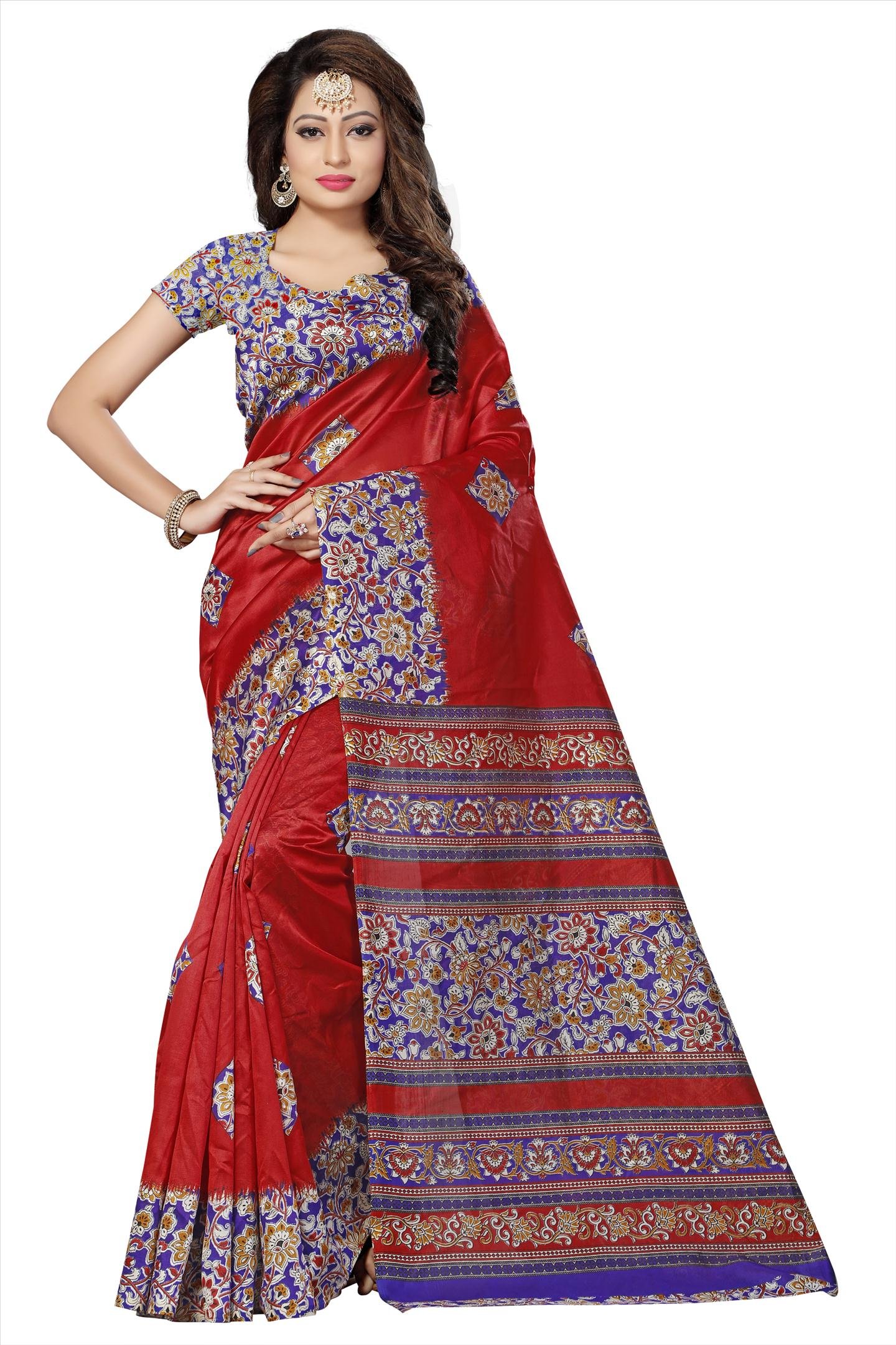 Voila Women's Printed Kalamkari Art Silk Saree Red