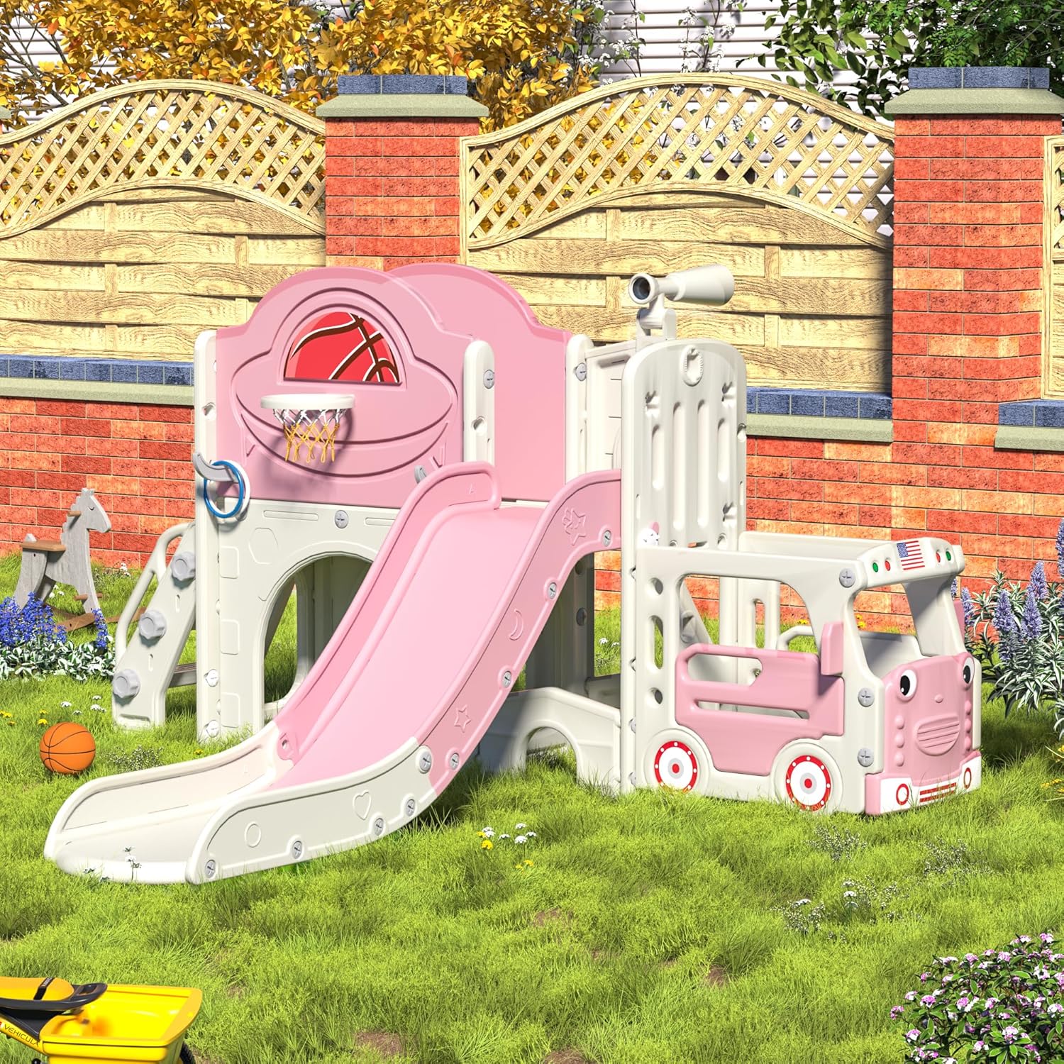 10 in 1 Toddler Slide, Bus-Themed Kids Slide and Climber Playset with Basketball Hoop, Ring-Toss, Car Playhouse, Telescope, Freestanding Indoor and Outdoor Playground for Baby Age 3+ - Image 7