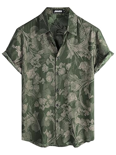 JOTOOK Mens Hawaiian Shirt Short Sleeve Button Down Tropical Shirts Casual Floral Summer Beach Shirt - 3X-Large - Armygreen