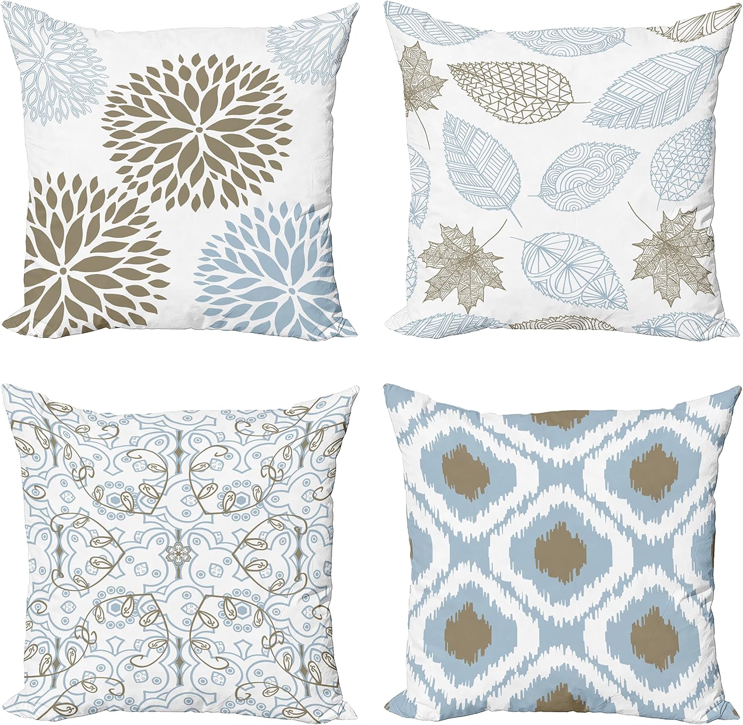 Ambesonne Vintage Throw Pillow Cushion Case Pack of 4, Bohemian Ornamental Leaves Dahlia Pattern Geometric Art Curlicue Motif, Modern Accent Double-Sided Digital Printing, 18", Blue Grey and Cocoa