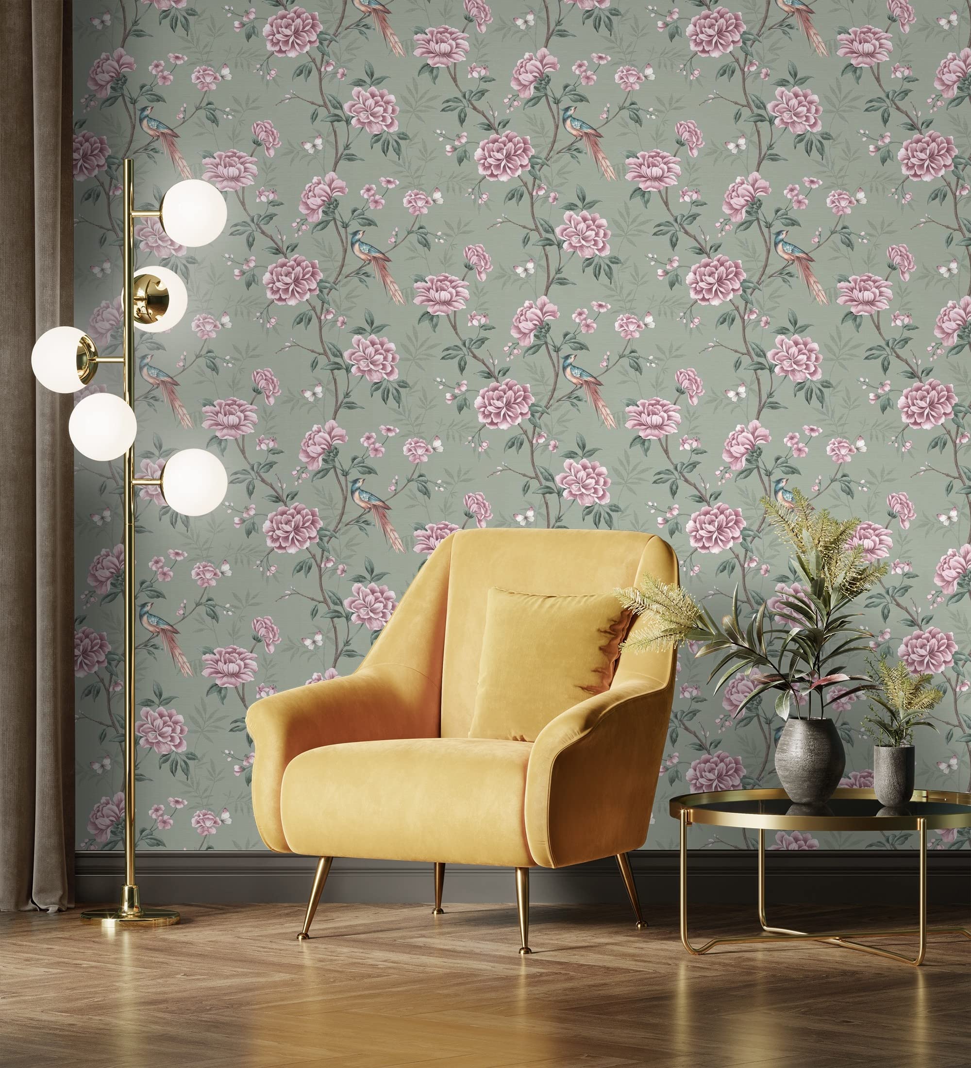 GAULAN 681988 - Papel pintado de pájaros y flores fondo texturizado efecto fibra vegetal verde para pared salón cocina baño dormitorio comedor - Rollo de 10 m x 0,52 m