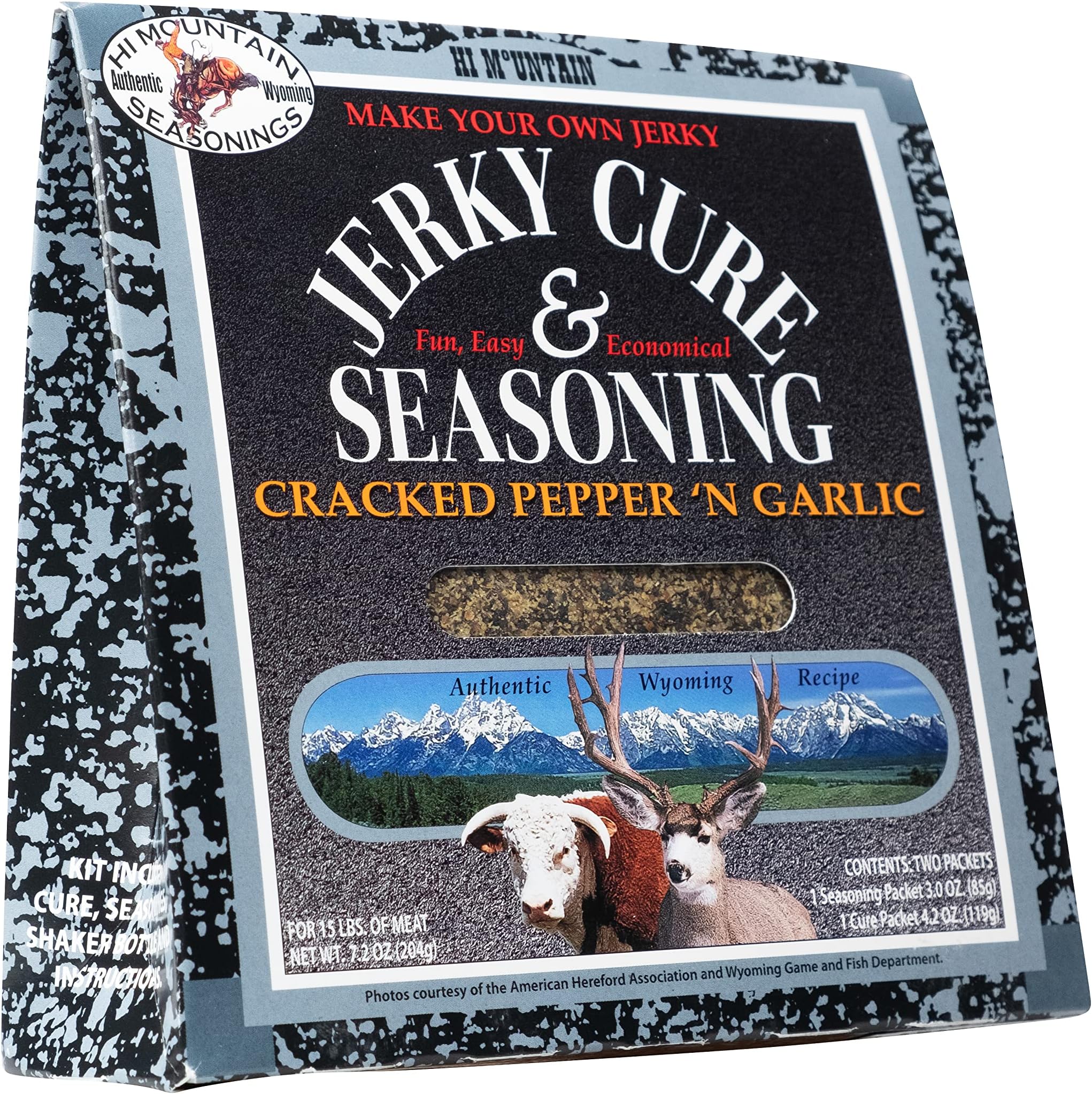 Hi Mountain Jerky Seasoning and Cure Kit | CRACKED PEPPER 'N GARLIC BLEND | Beef Jerky Seasoning | Perfect for Beef, Venison, Elk, & Deer | Seasons up to 15 lbs. of Meat (1 Box)