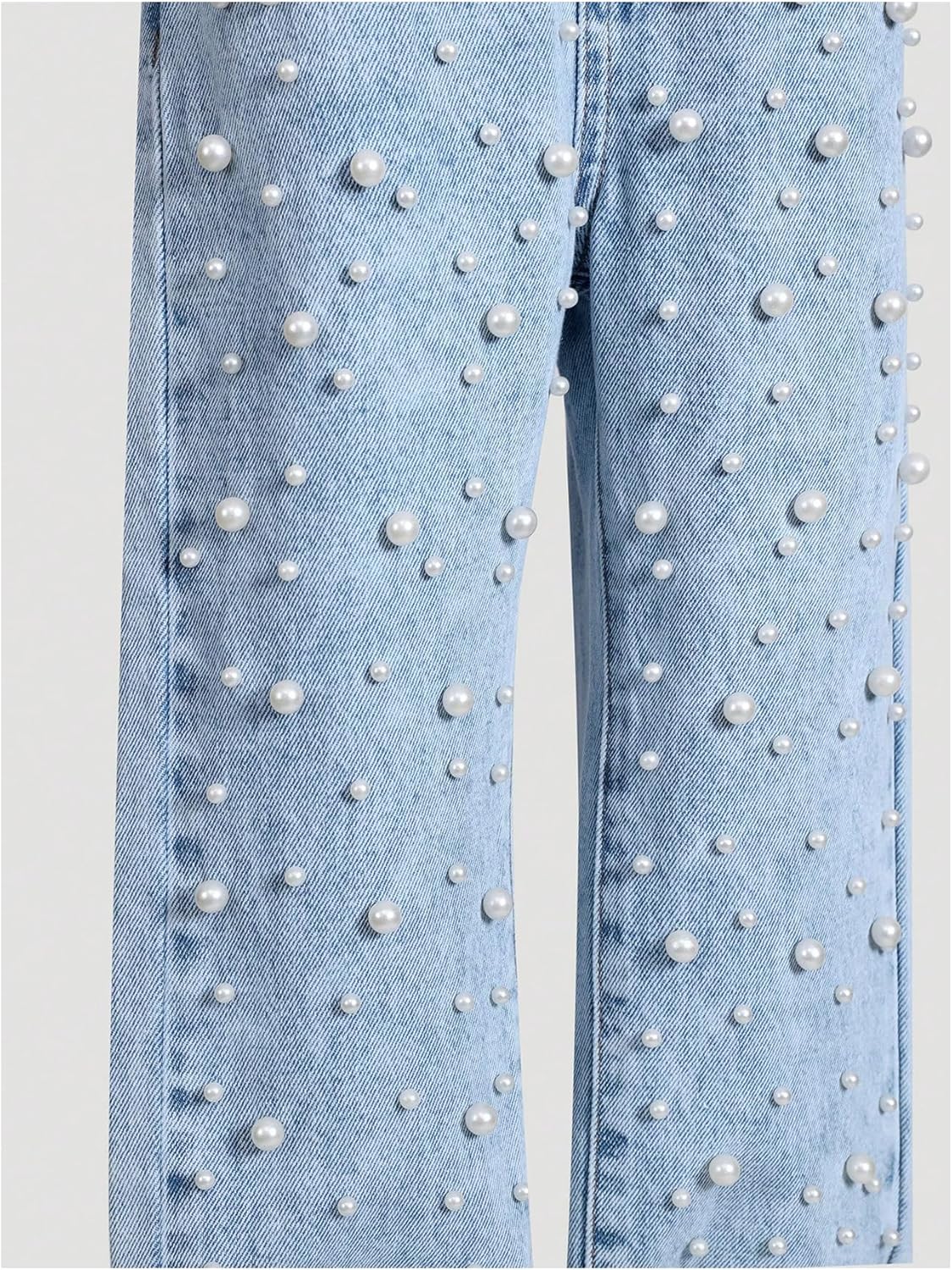 Verdusa Girl's Cute Pearl Beaded Denim Pants High Waisted Wide Leg Casual Baggy Jeans