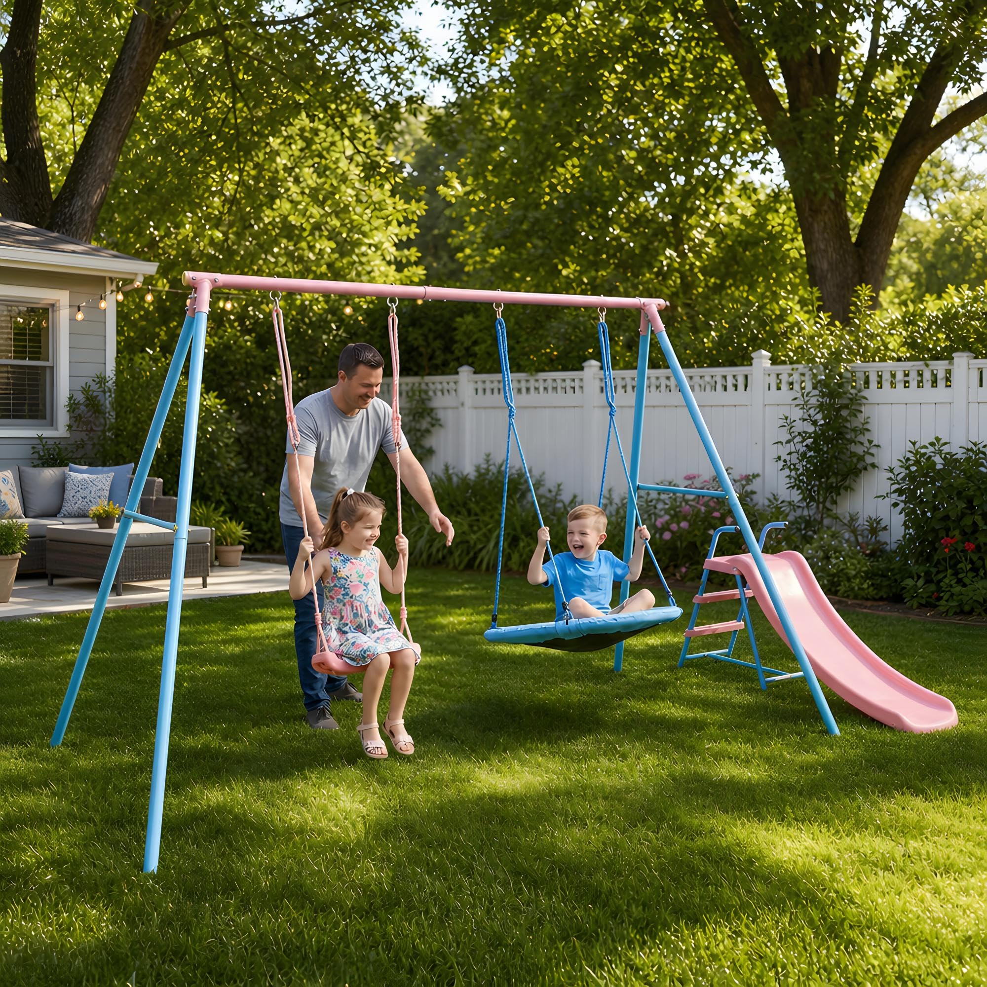 Kinderschaukel Outdoor Schaukel Set mit Gestell Slide Schaukelgestell Outdoor Nestschaukel Schaukelgerüst Bis 200 KG Belastbar Swing Gartenschaukel für 2-3 Kinder Doppelschaukel Tellerschaukel