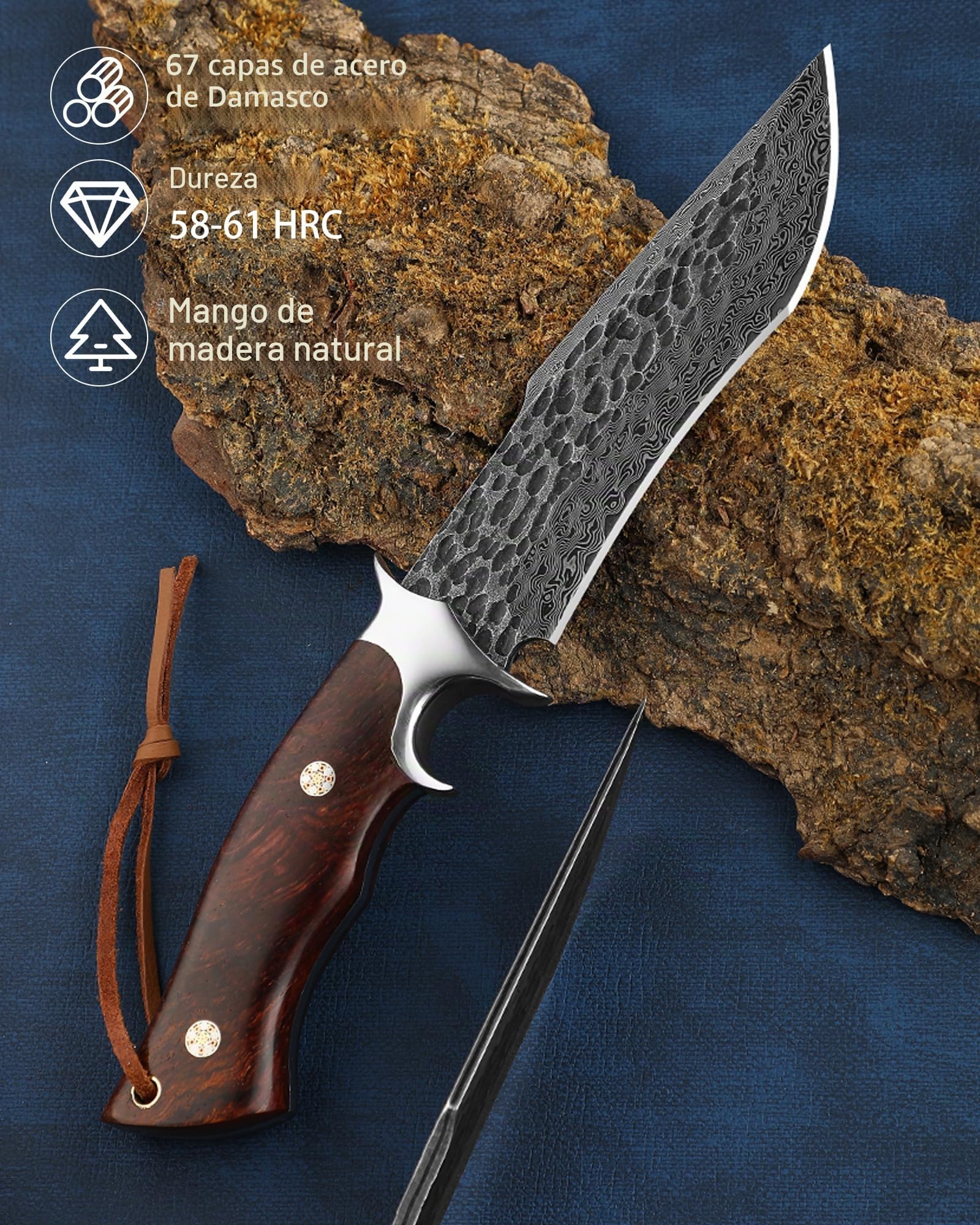 Omesio Cuchillo Damasco Forjado a Mano con Funda de Cuero Mango de Madera | Diseño de estilo japonés, ideal para camping, senderismo y actividades al aire libre.