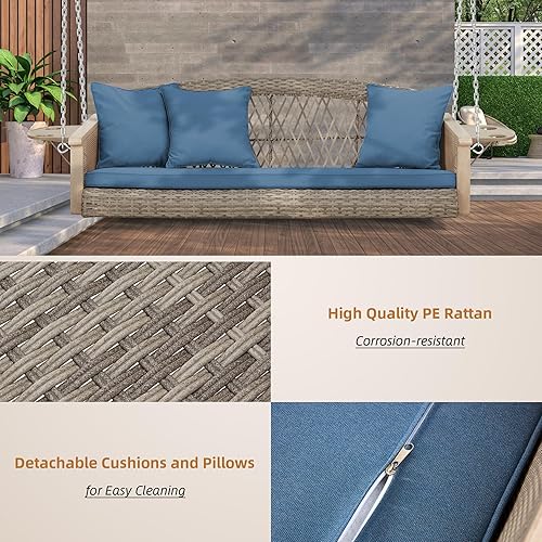 Miniatura 2 de HOMREST Columpio colgante de mimbre para 3 personas de 55 pulgadas con cojines, portavasos y cadenas, capacidad de 800 libras para terraza, jardín,