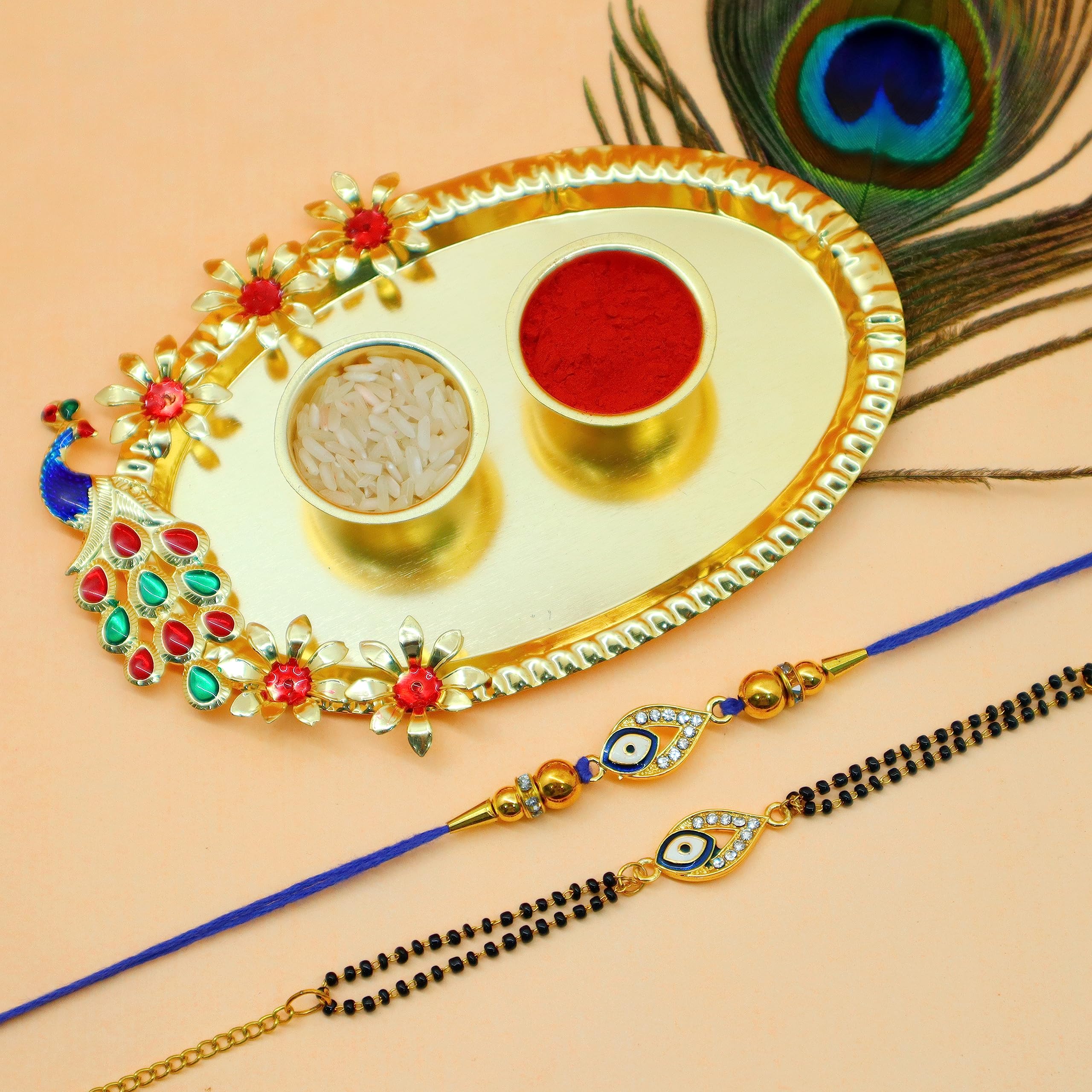JAIPUR ACE Boy's Rakhi Combo Set of Premium Floral Bracelet Cum Rakhi Elegant Beads Rakhi with Golden Pooja Thali and Roli for Bro/Brother/Bhaiya/Bhai/Rakshabandhan-image-44