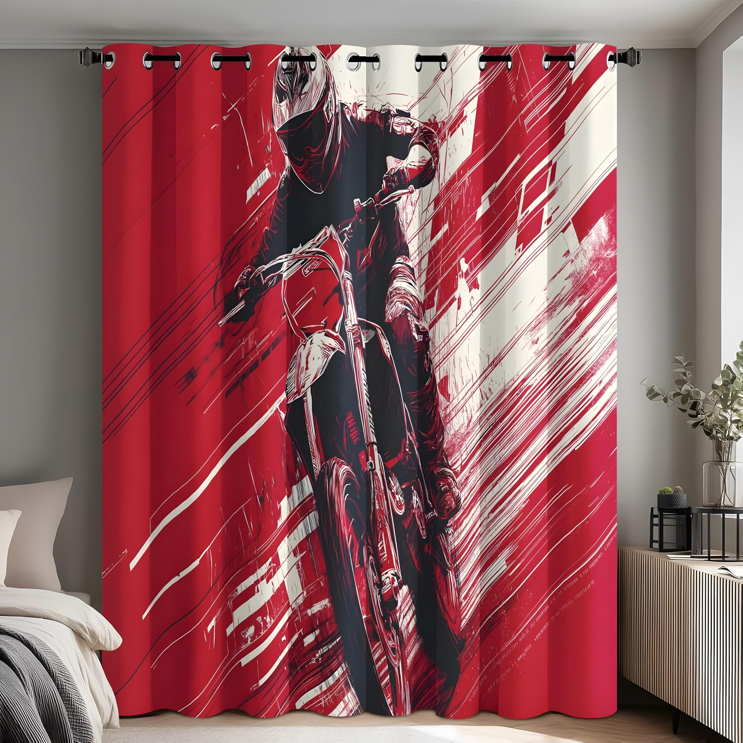 YZQGLHP Red Motorcycle Theme Curtains, W 66" x L 72" (168 x 183 cm), Motorcyclist Blackout and Heat-Insulating Curtains, Curtain 2 Pieces in a Pack, Suitable for Bedrooms and Living Rooms