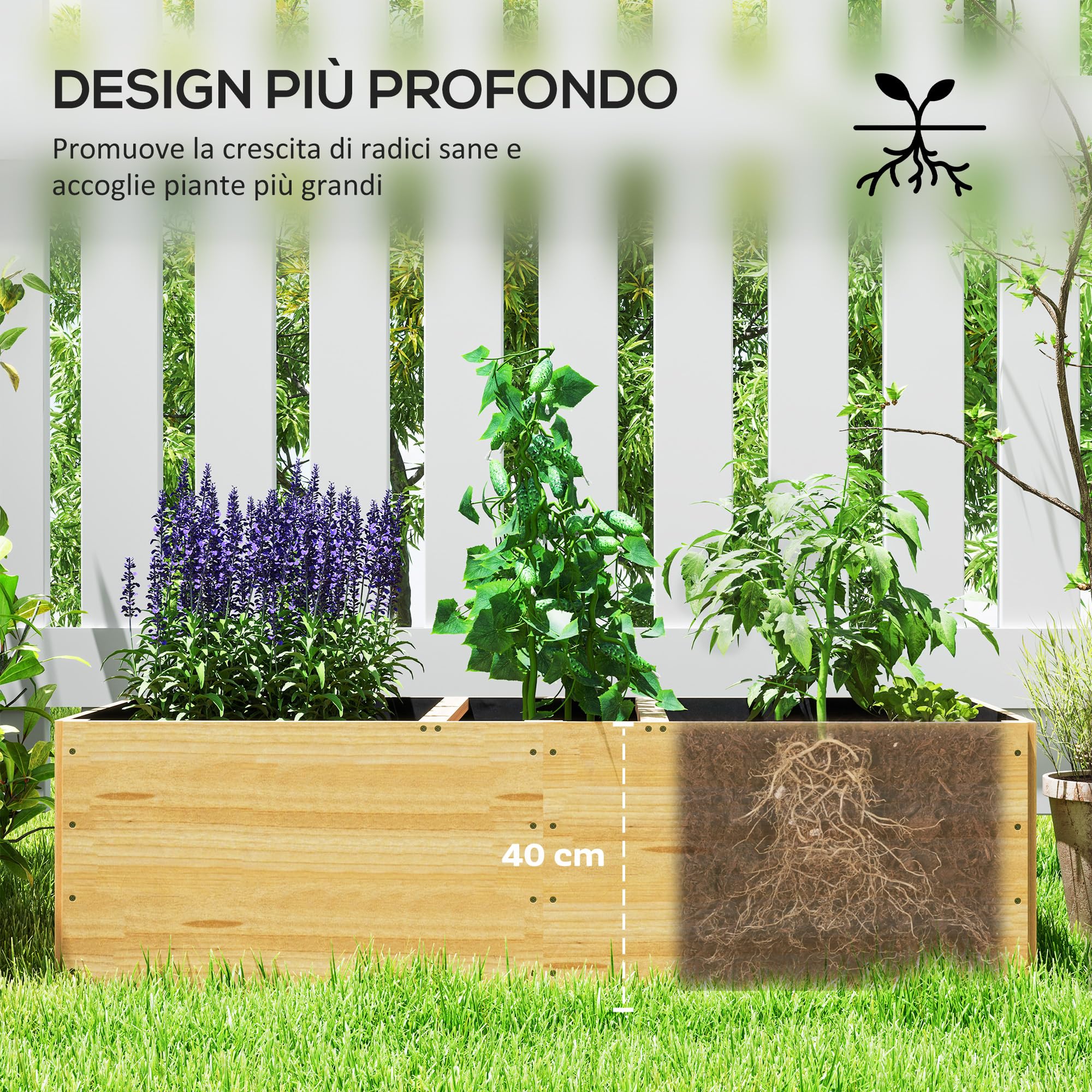 Outsunny Letto per Orto Rialzato da Esterno Divisa in 3 Aree con Strato in Tessuto non Tessuto, Fioriera da Balcone in Legno di Abete, per Piante, Fiori, 140x60x40 cm, Color Legno