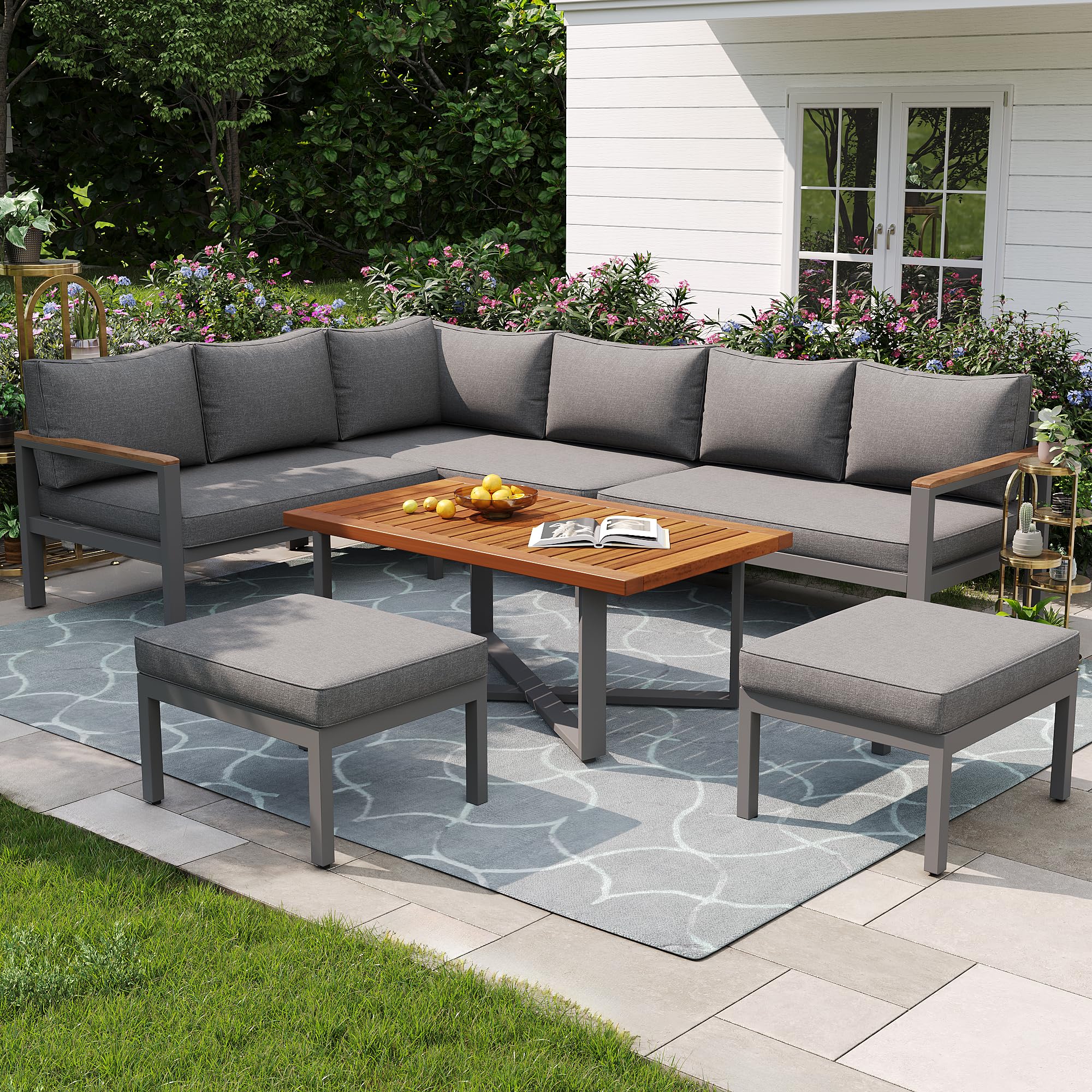 Set di mobili da giardino per 7 – 8 persone, set da giardino per giardino, balcone, terrazza, resistente alle intemperie, set di mobili da giardino con struttura in ferro zincato