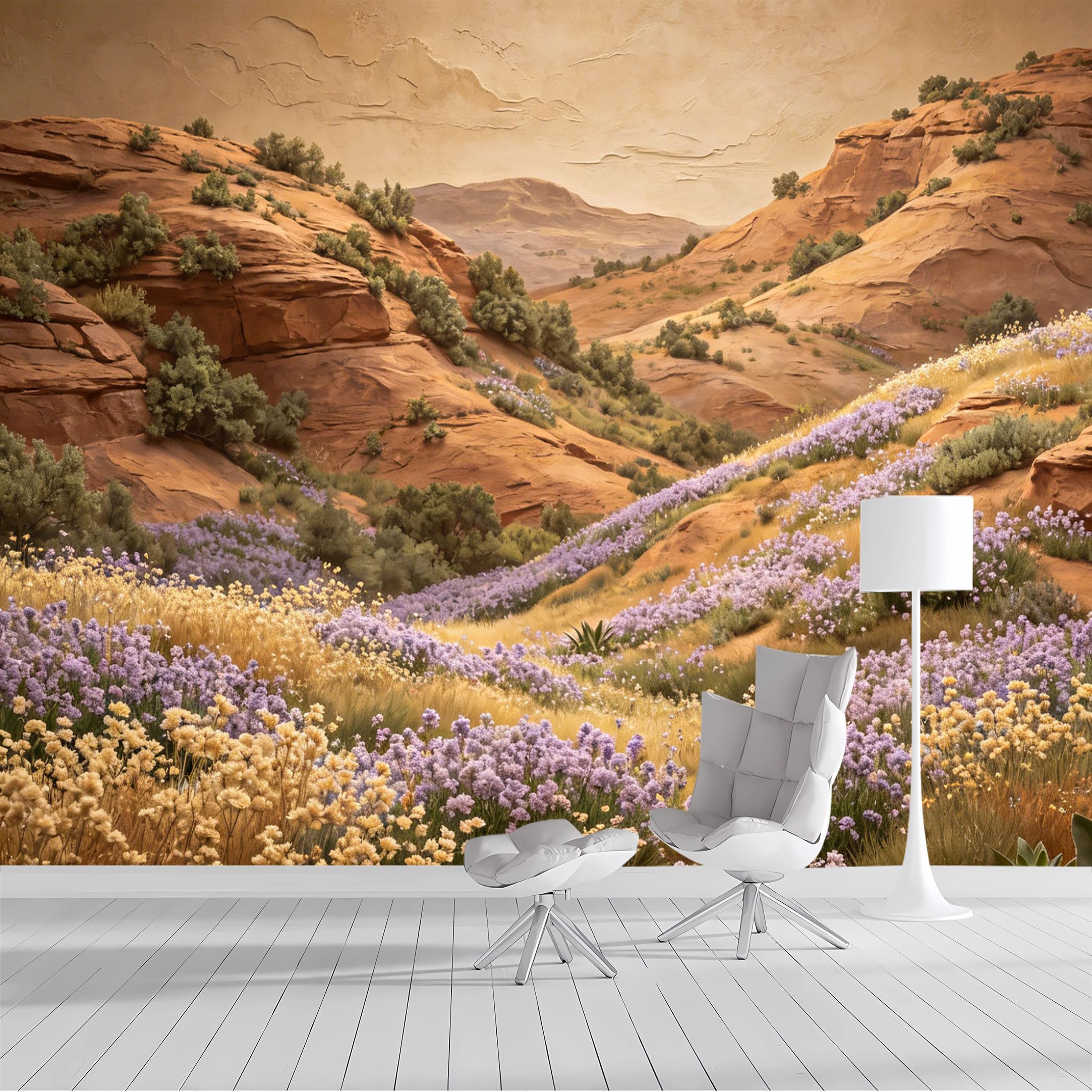 Custom Size Wall Mural Desert Canyon Wildflower Meadow Landscape Oil Painting Style SelfAdhesive Wall Fabric Removable Peel and Stick Wallpaper Wall Decor for Living Room Bedroom Bathroom
