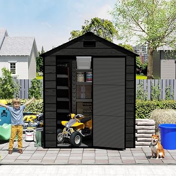 6 * 6ft Resin Storage shed, pp Material, Strong Structure, Waterproof, Rust and UV Proof, Large Storage Space, 12mm Thick pp Board, HD Window Lighting Black Wood Grain Color Black