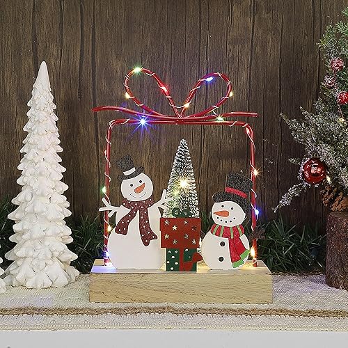 Miniatura 6 de Lulu Home Decoración de mesa de Navidad, cajas de regalo de muñecos de nieve de Navidad preiluminados de madera, adorno con marco de metal, funciona