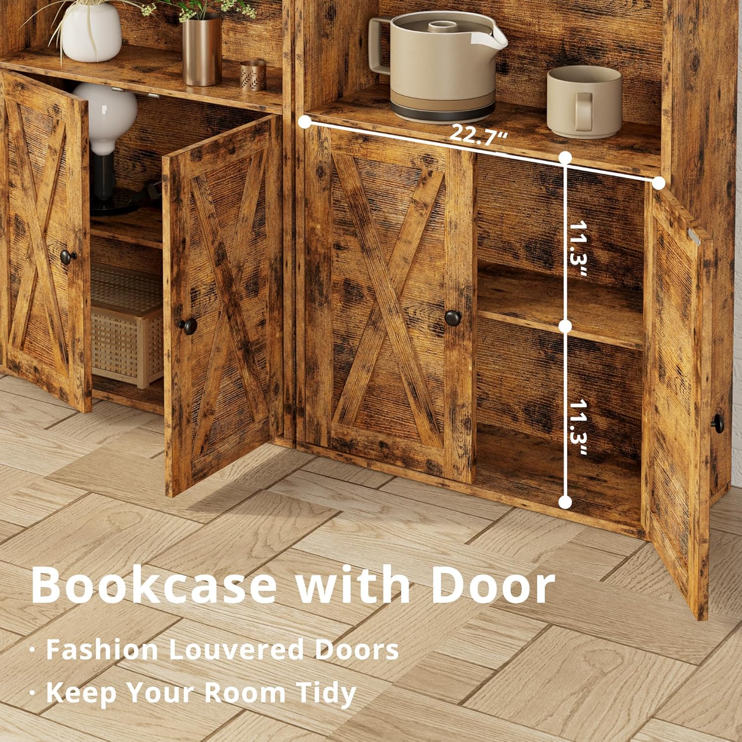 Vintage Brown 5-Shelf Bookcase with Doors and Rustic Finish