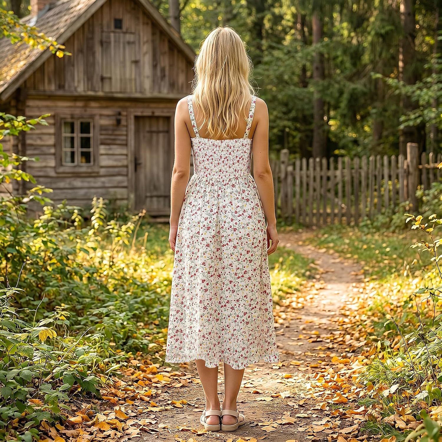 Womens Summer Dresses 2026 Floral Corset Milkmaid Sundress | Cute Smocked Flowy Boho Casual Midi Dress with Pocket