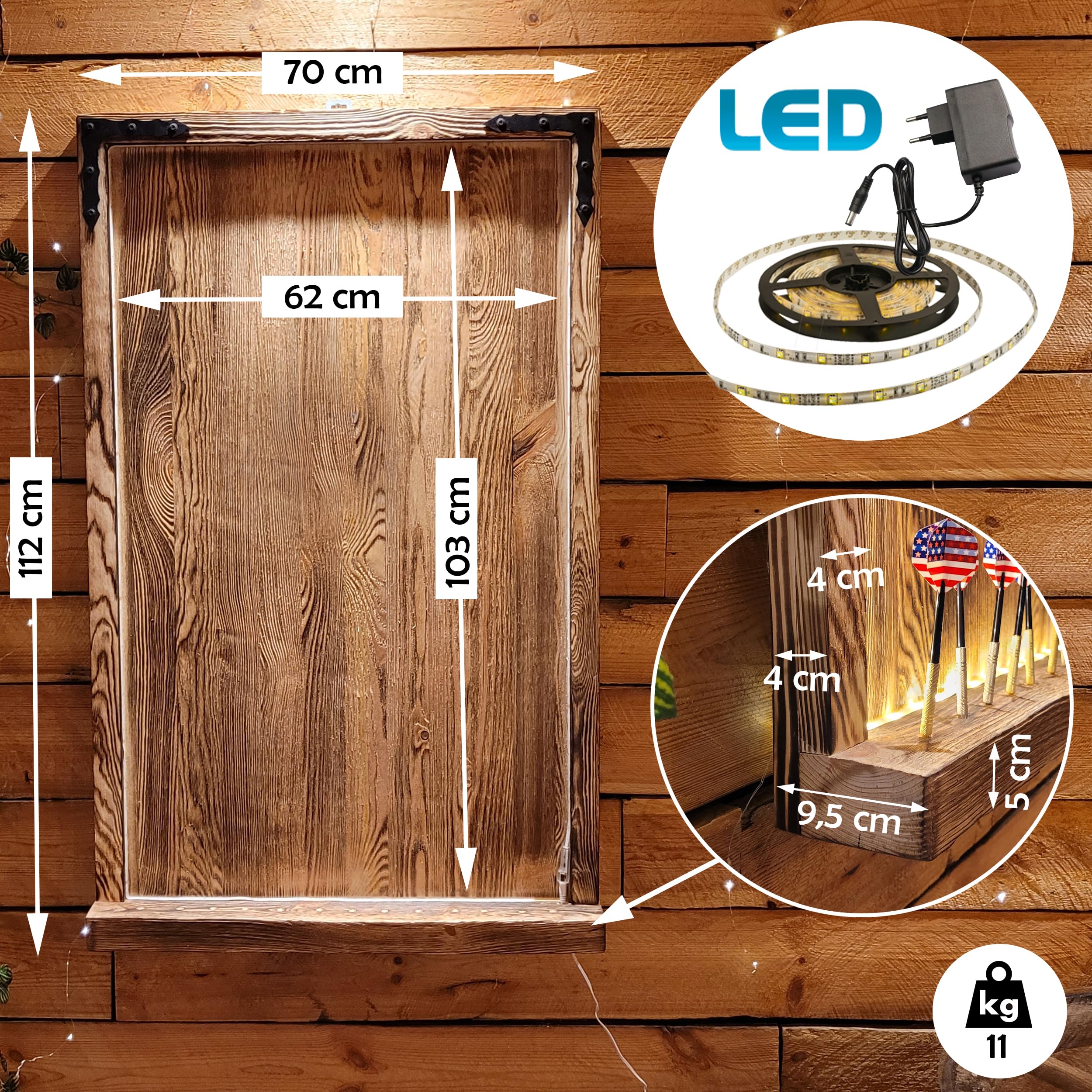 WEECO Cible de Fléchettes en Pin avec Éclairage LED - Couverture Murale Style Vintage, Cabinet Massif, Revêtement pour Armoire 112 x 70 cm