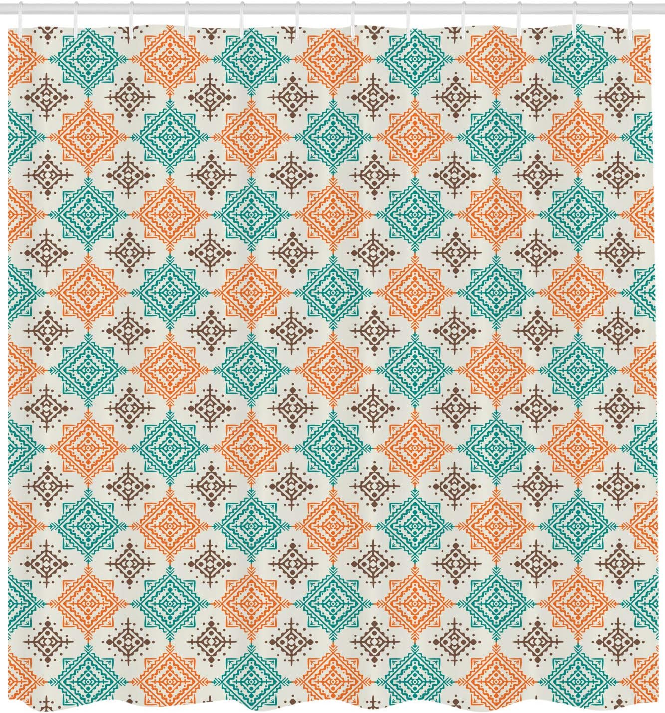 Lunarable Tribal Shower Curtain, Bohemian Style Ornate Diamond Shape Pattern Design Geometric, Cloth Fabric Bathroom Decor Set with Hooks, 69" W x 70" L, Turquoise Orange