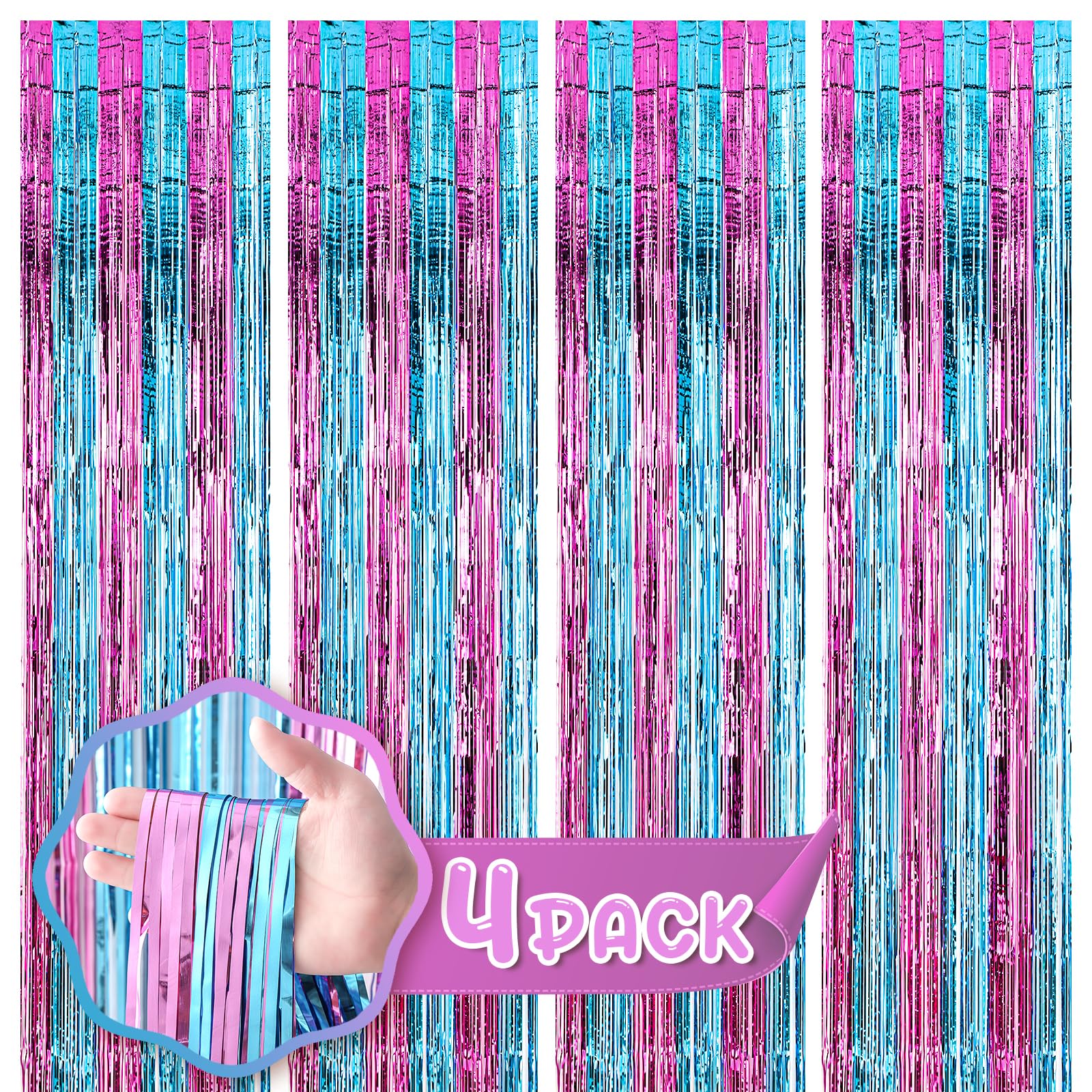 Voircoloria 4 Pack Blue and Pink Foil Fringe Backdrop Curtains,3.3x8.2 Feet