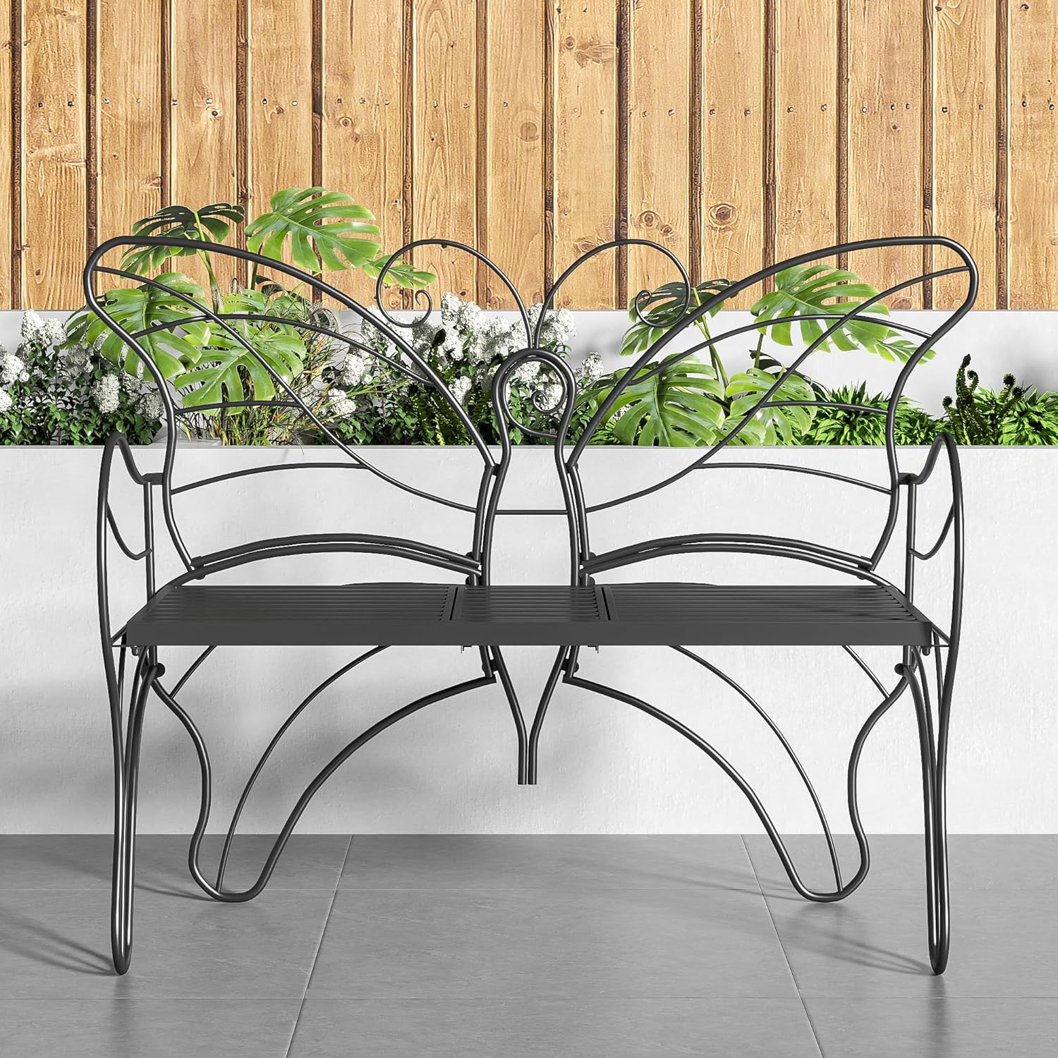 Outdoor Bench Patio Outdoor Garden Bench with Built-in Table, Butterfly Bench for Outside, 3 People Outdoor Bench Garden Bench Front Porch Furniture (Black, 49.2inch)