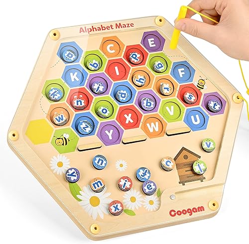 Coogam Tablero magnético del laberinto del alfabeto de madera, letras ABC, rompecabezas a juego de habilidades motoras finas Montessori, juego