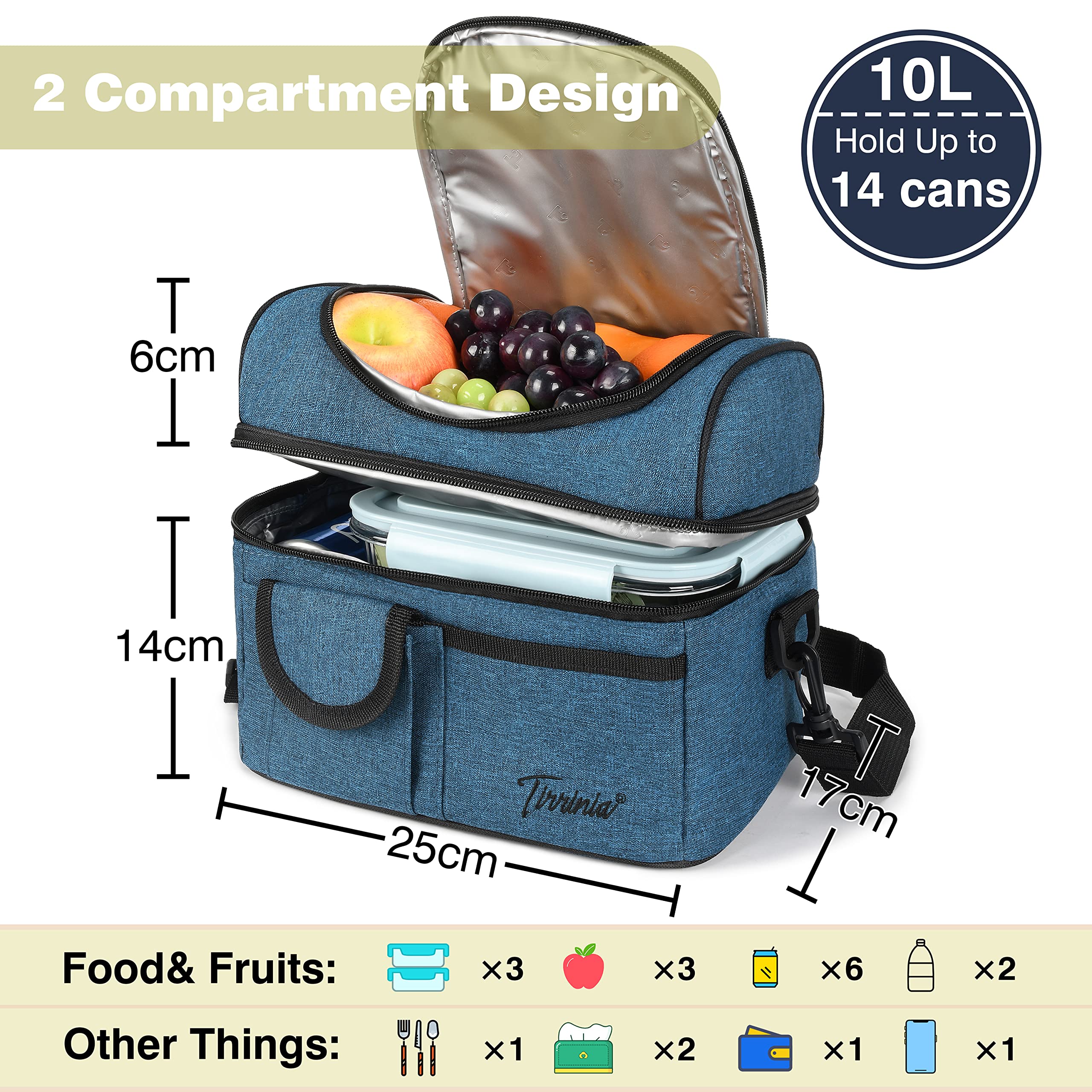 Kato Tirrinia Insulated Cool Bag Lunch Box for Men and Women Leakproof Lunch Box with Compartment for Adults at Work School Picnic Camping with Shoulder Strap and Front Pocket,10L Blue - Image 2