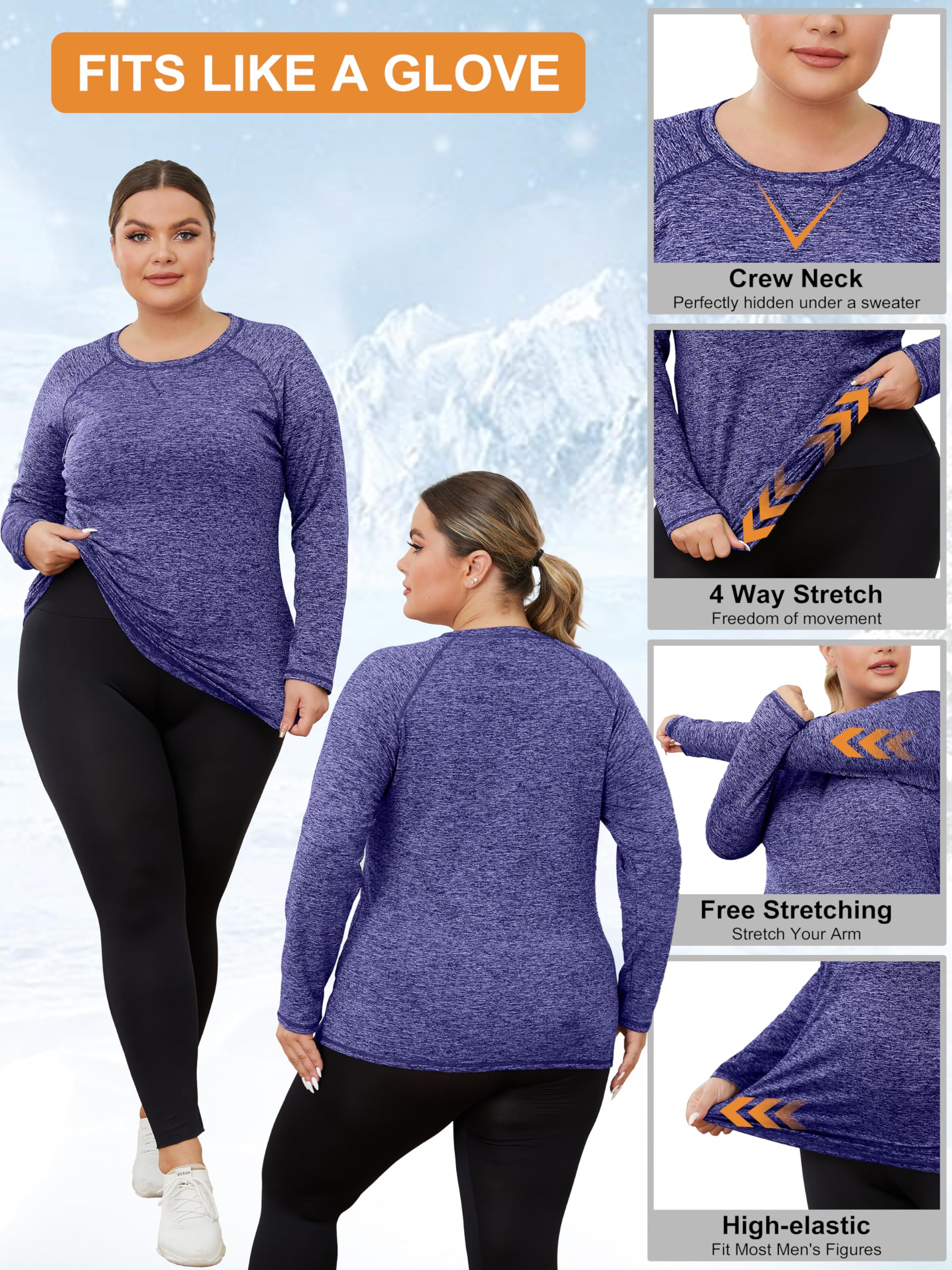 FOREYOND Camiseta térmica de forro polar para mujer, talla grande, manga larga, para correr, atletismo, entrenamiento, ropa interior térmica