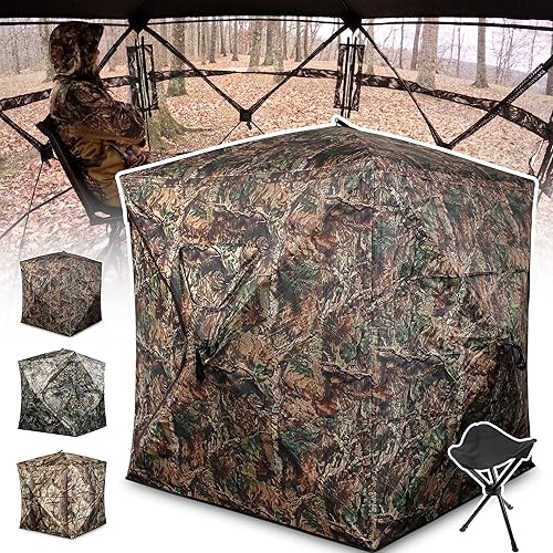 HUNT MONSTER Hunting Blind 1-3 Person with Tri-Leg Hunting Stool, 270 Degree See Through Pop up Ground Blinds for Deer Turkey Duck Hunting, Bow
