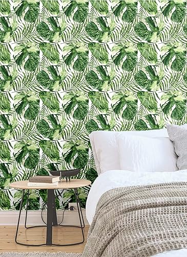 Miniatura 4 de Blooming Wall DPYA27 - Papel tapiz removible de hojas de Monstera de color verde y blanco fresco, autoadhesivo, extraíble, decoración de pared