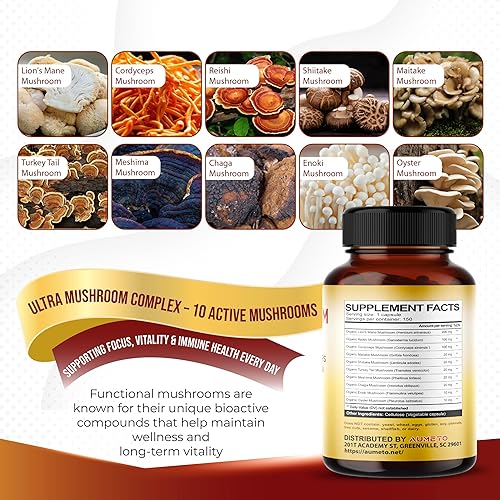 Miniatura 4 de Ultra Mushroom Complex 10 en 1 Fórmula - con melena de león Reishi Cordyceps Shiitake Turkey Tail Chaga (150 unidades (paquete de 1))