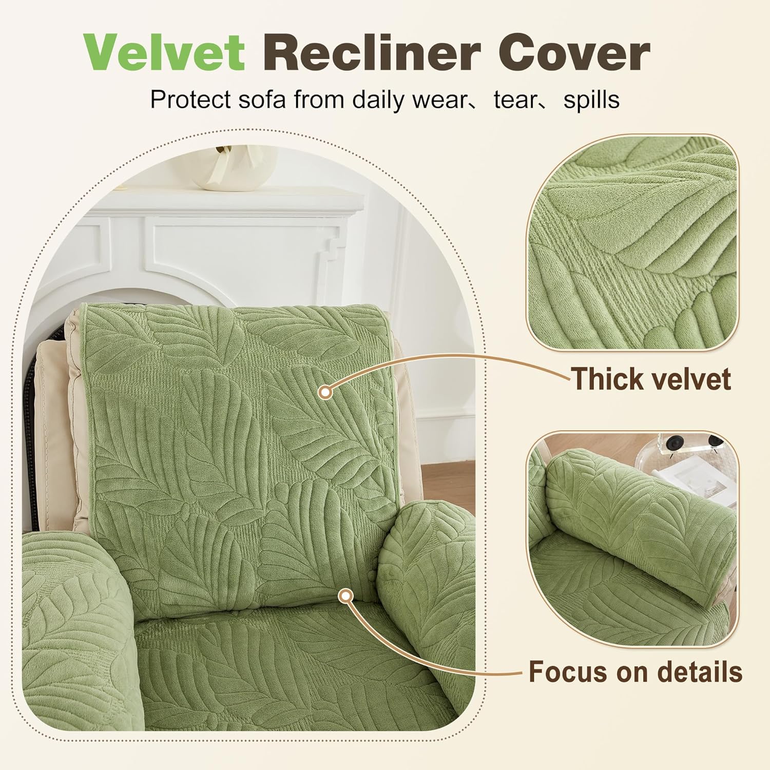 Recliner Slipcover that Stay in Place Washable Recliner Chair Covers Non-Slip Slipcover for Pets Stain Resistant Furniture Protector Rent House,Green