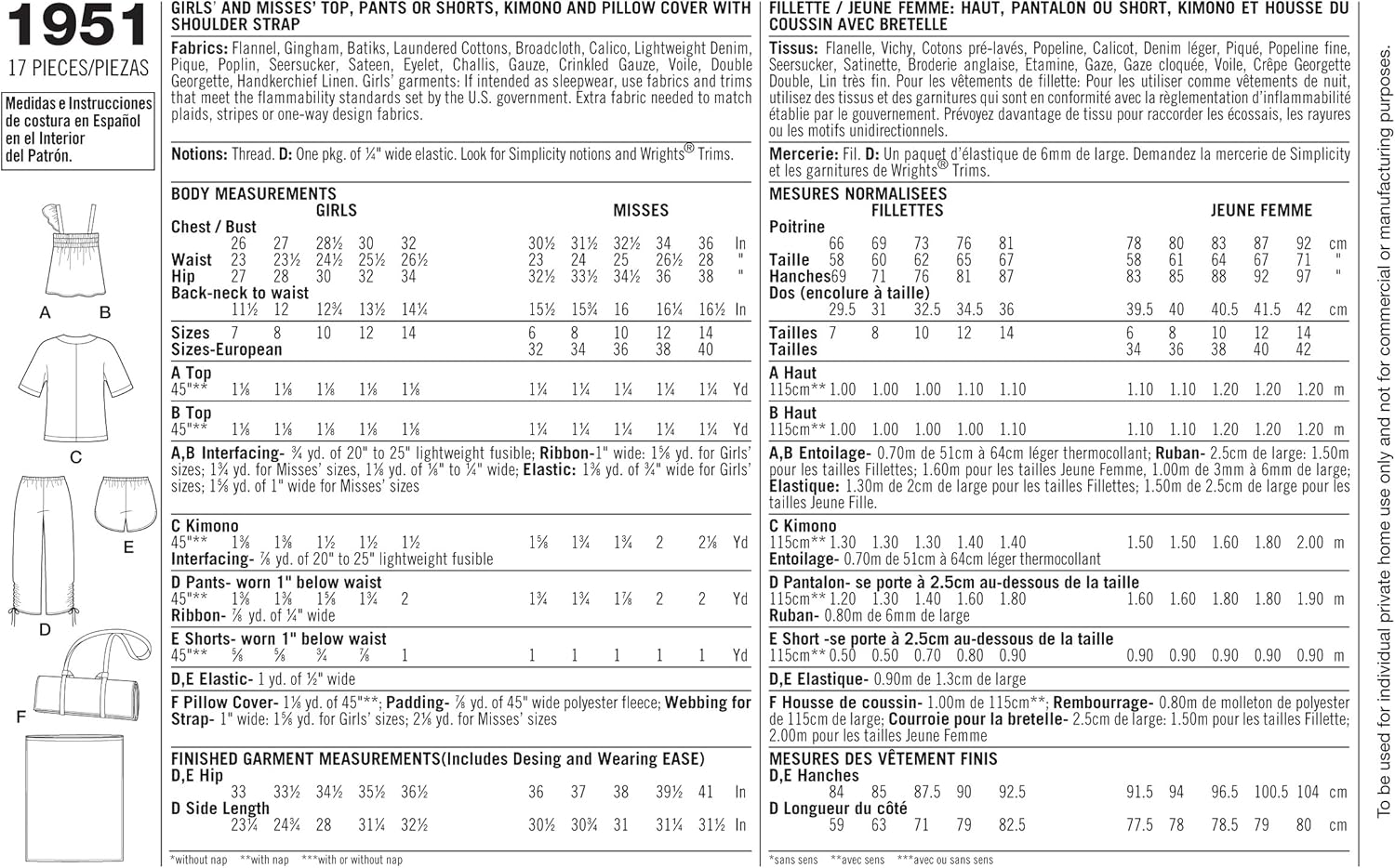 Simplicity Misses' top, pants or shorts, kimono, and pillow -6