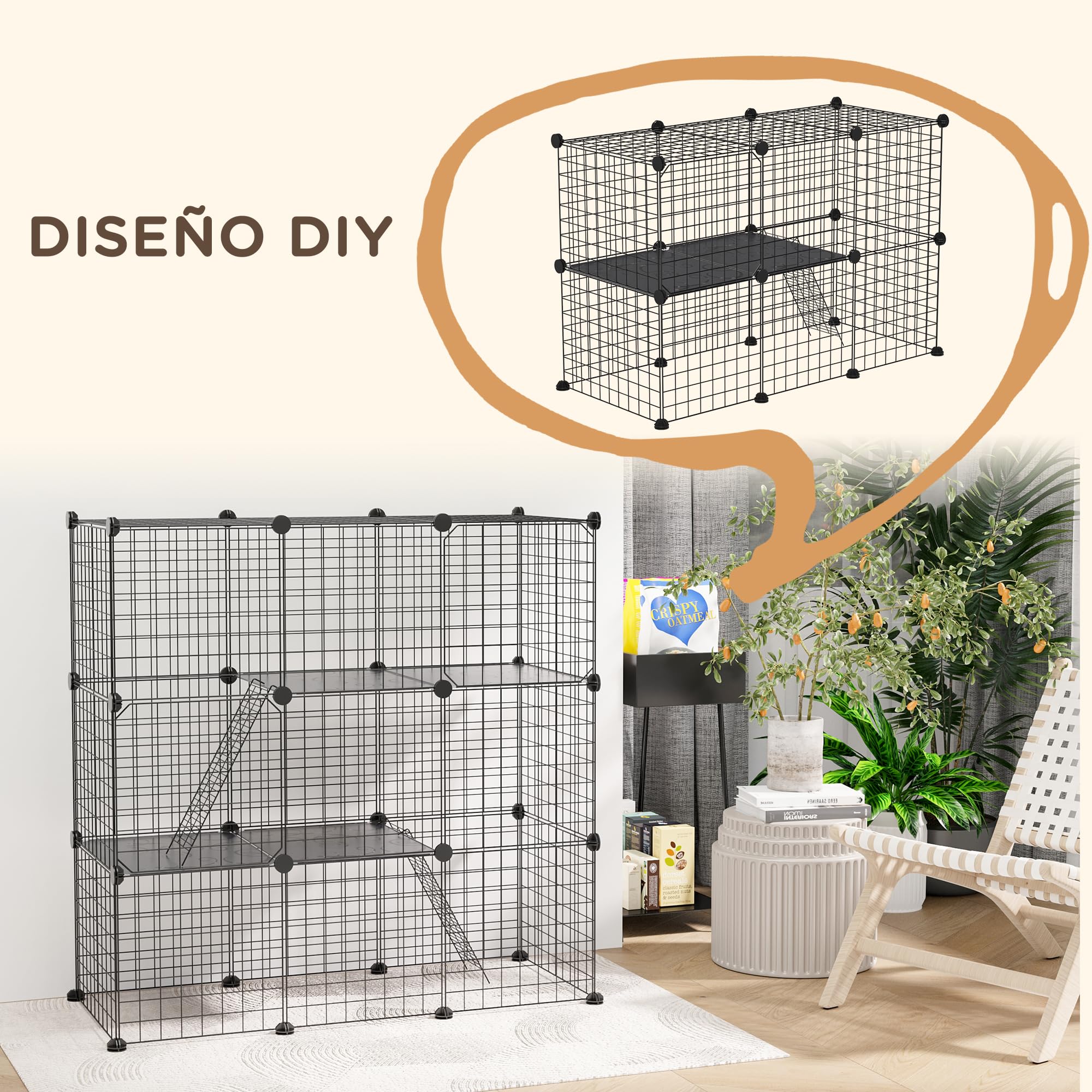 PawHut Jaula para Animales Pequeños de 31 Paneles Parque para Mascotas en Bricolaje con Rampa Corralito para Gatitos Conejos Chinchillas 105x45x105 cm Negro
