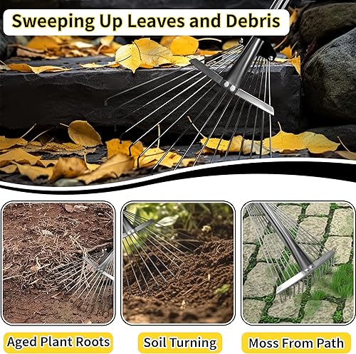 Miniatura 7 de Rastrillo de jardín para hojas, rastrillo de hojas ajustable de metal resistente para césped, mango largo de 33 a 69 pulgadas con cabeza expandible